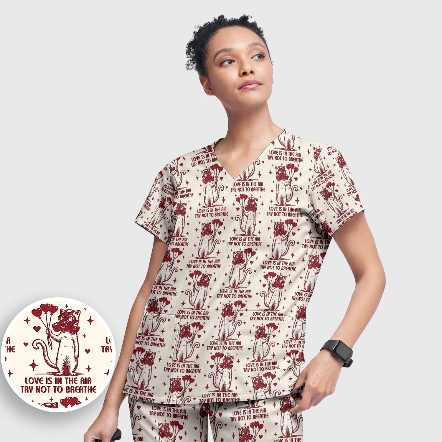Gas Mask Cat Heart Balloon Valentine Print Scrub Set, Breathable Med Uniform