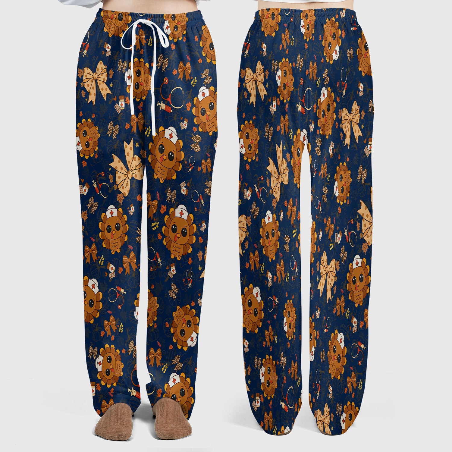 Thanksgiving Turkey Nurse Scrub Set for Women - Cute Fall Leaves and Bow Scrub Pants and V Neck Top - Autumn Medical Uniform