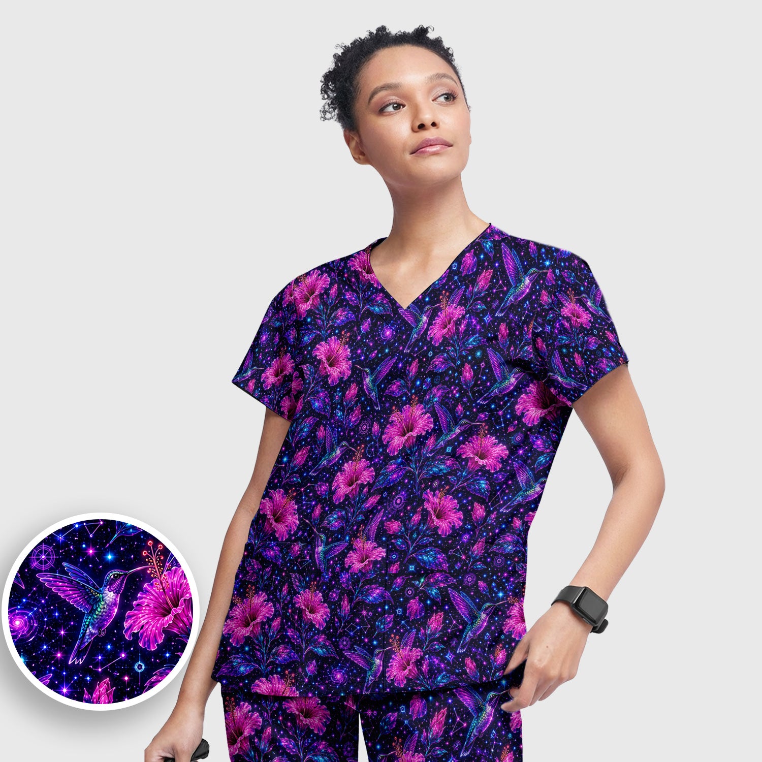 Galaxy Floral Hummingbird Nurse Pattern Scrub Set, Scrub Pants and V Neck Top