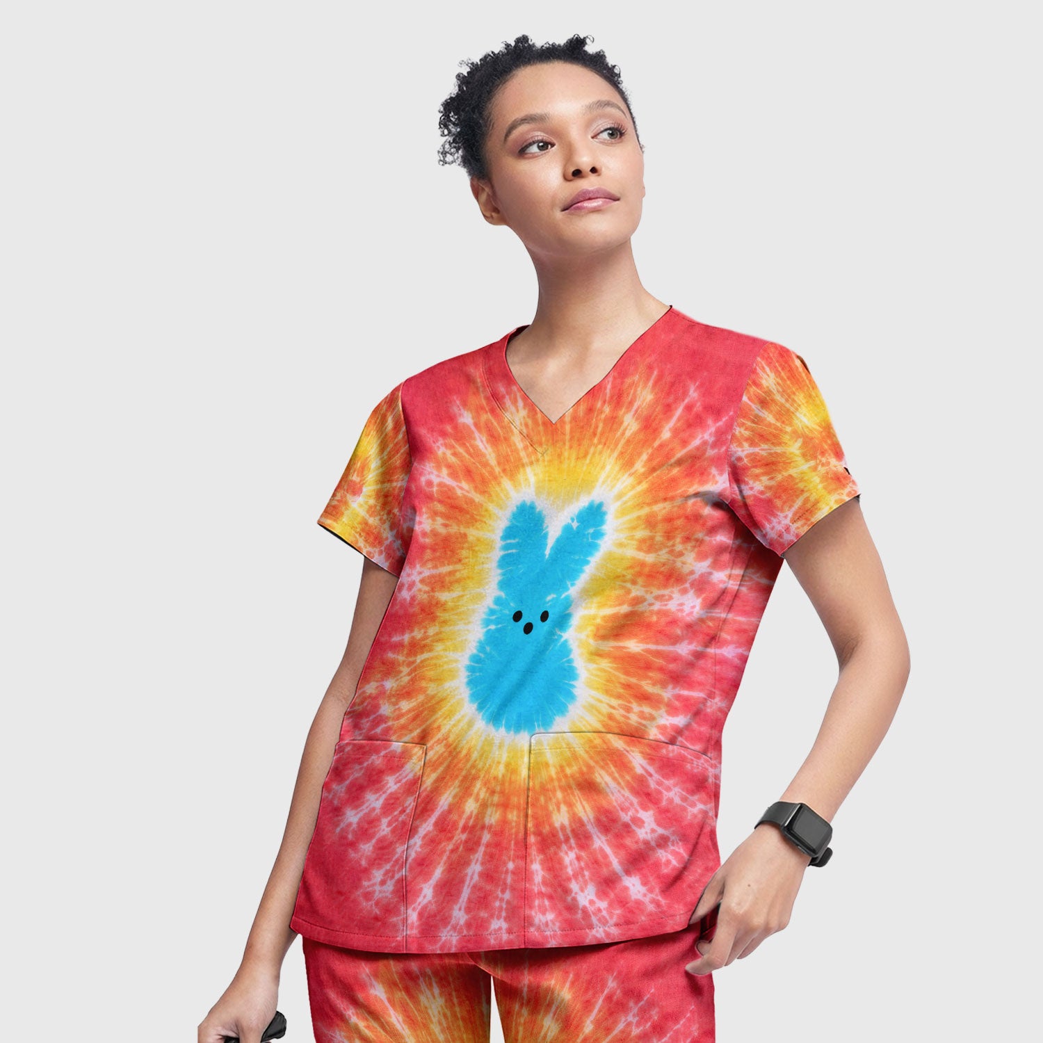 Easter Peep Tie Dye Scrub Set, Easter Bunny Nurse Shirt For Women, Breathable Fabrics Nursing Uniform