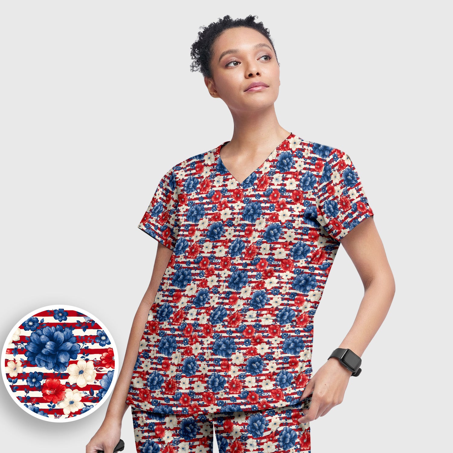 Patriotic Nurse Floral Stripe Pattern Scrub Set, Scrub Pants and V Neck Top