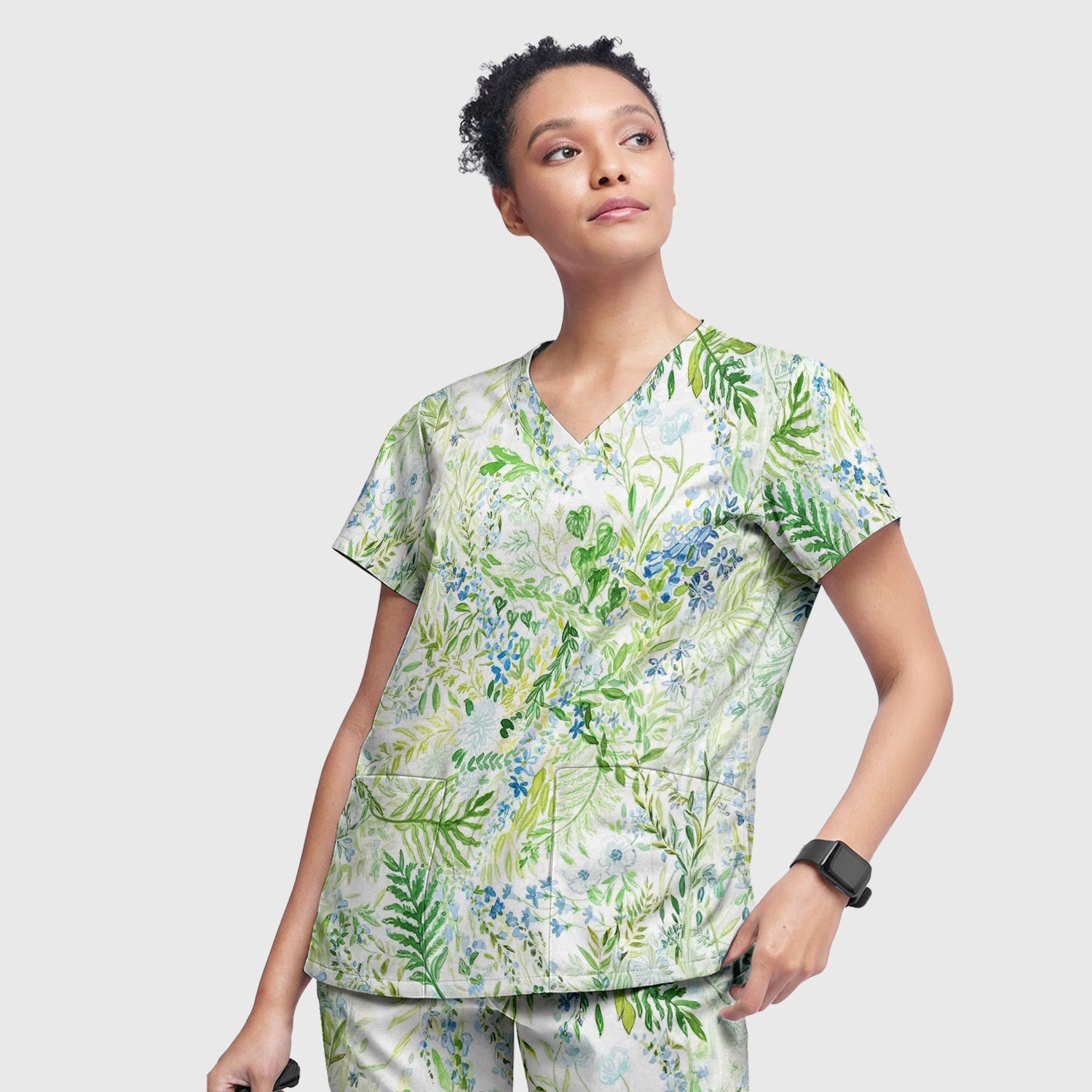 Green Botanical Floral Pattern Scrub Set, Scrub Pants and V Neck Top