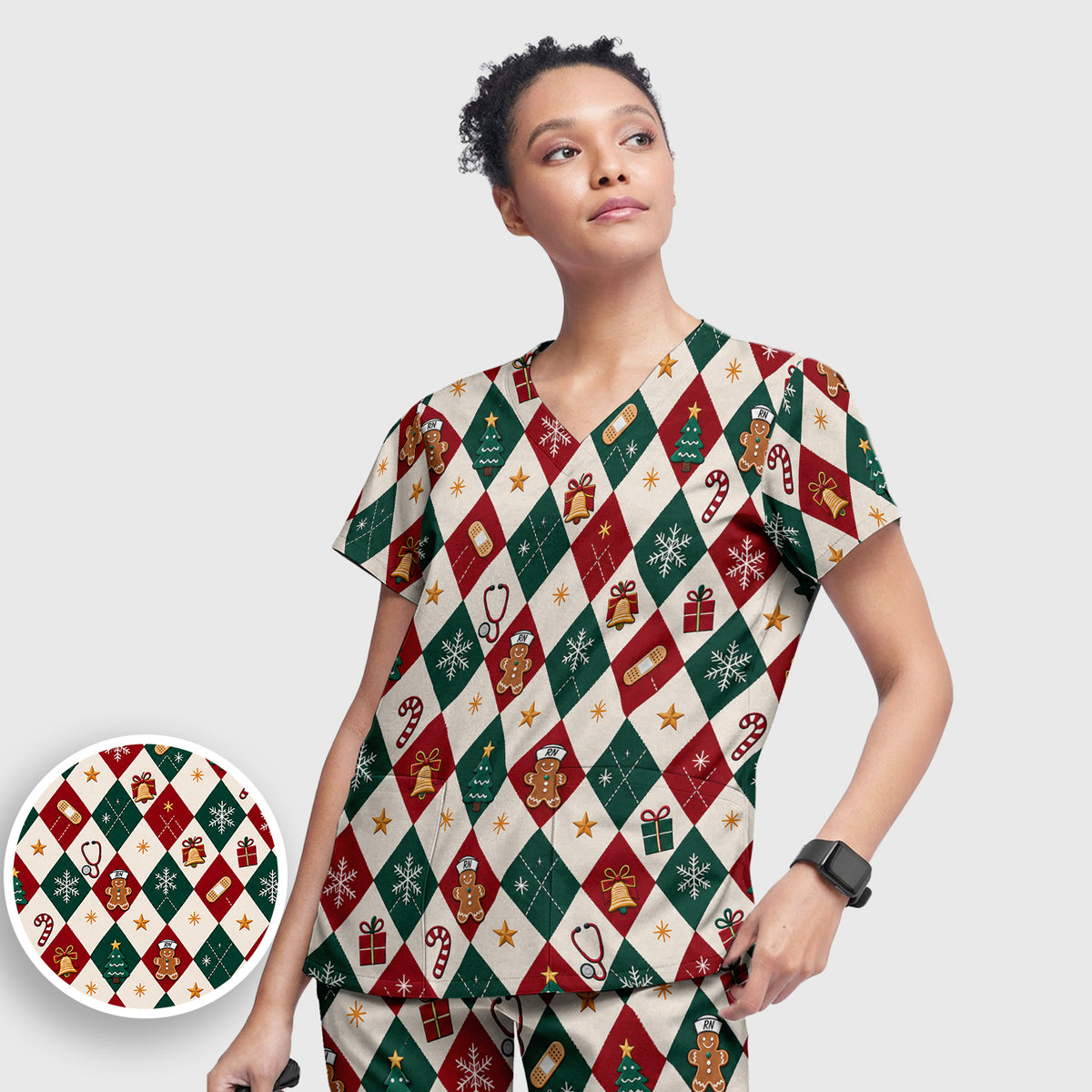 Christmas Gingerbread Nurse Argyle Scrub Set, Scrub Pants and V Neck Top