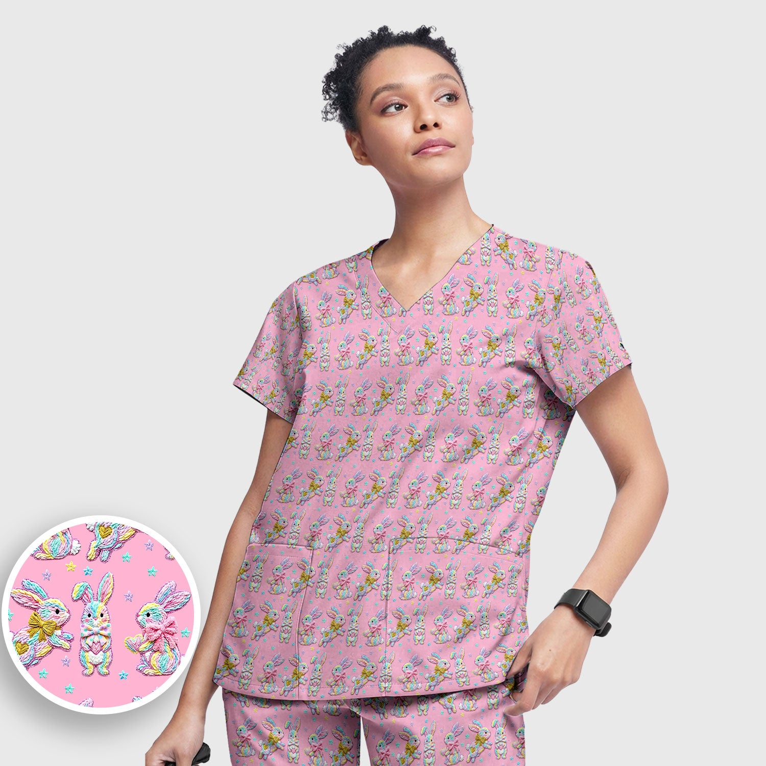 Cartoon Bunny All Over Print Set, Scrub Pants and V Neck Top