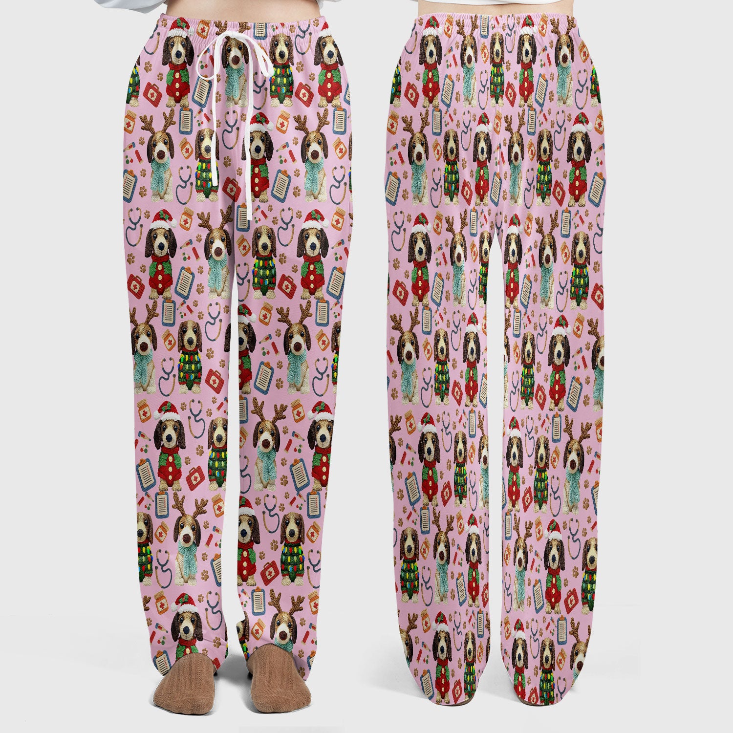 Christmas Wiener Dog Scrubs Set for Women - Cute Dachshund Christmas Scrub Pants and V Neck Top - Puppy Lover Medical Uniform Gift