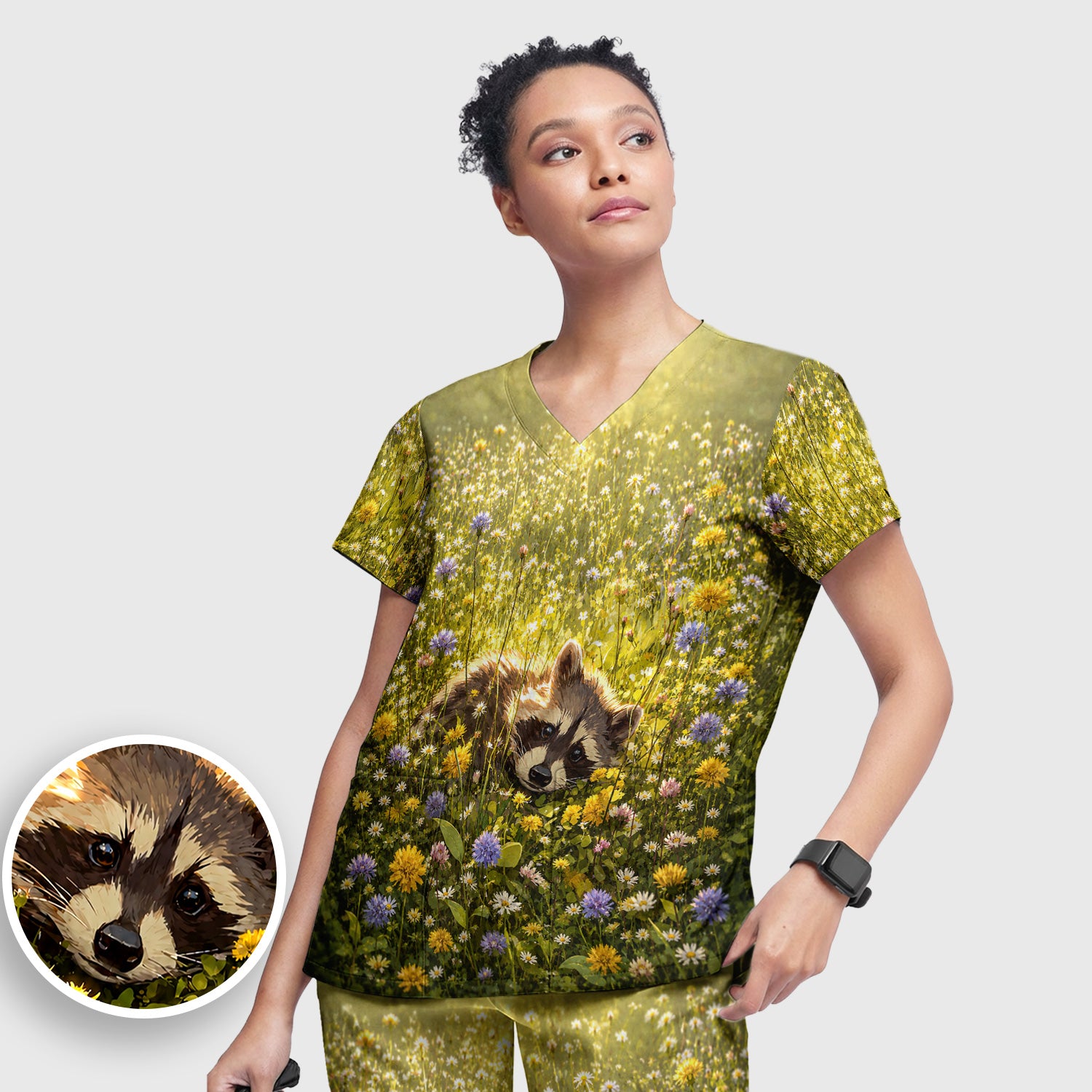 Meadow Raccoon Wildflower Garden Pattern Scrub Set, Scrub Pants and V Neck Top