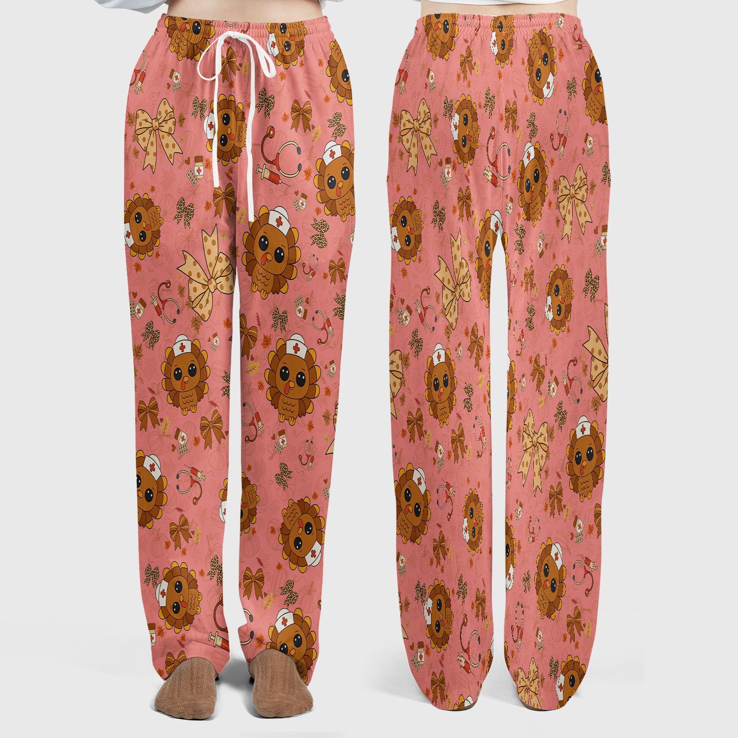 Thanksgiving Turkey Nurse Scrub Set for Women - Cute Fall Leaves and Bow Scrub Pants and V Neck Top - Autumn Medical Uniform