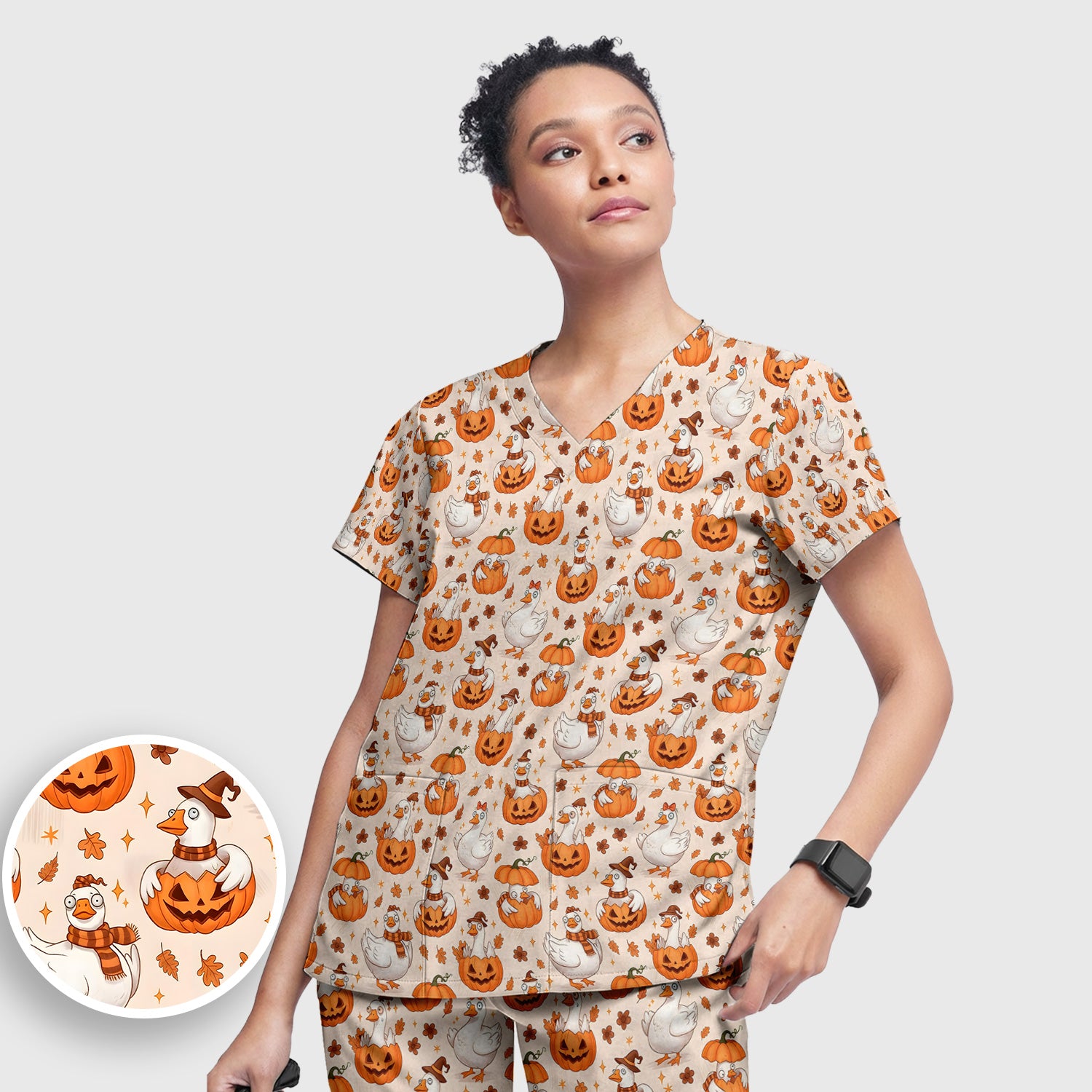 Cute Halloween Goose And Pumpkins Scrub Set, Scrub Pants and V Neck Top