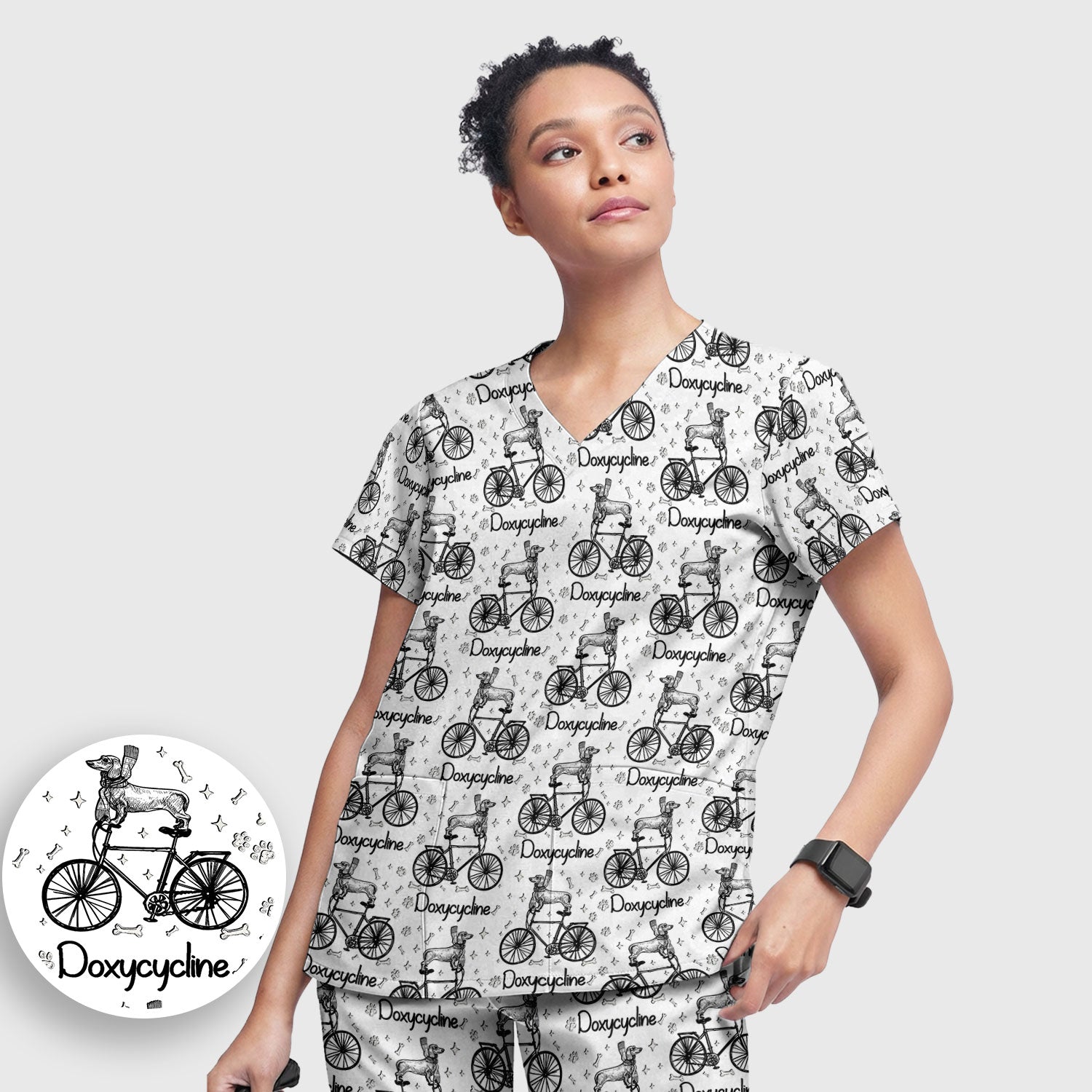 Funny Doxycycline Dog Bicycle Print Scrub Set, Scrub Pants and V Neck Top
