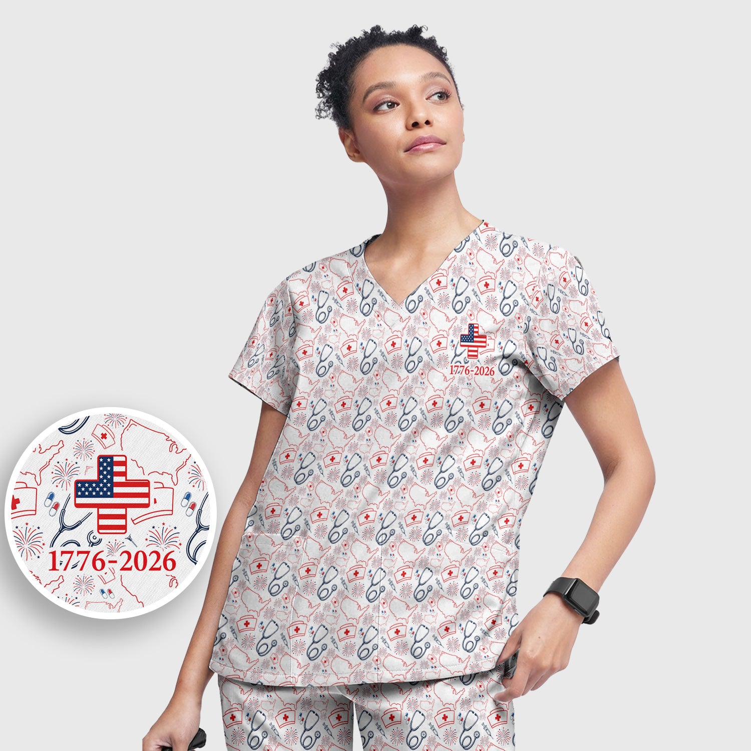 Patriotic Nurse Stethoscope Flag Pattern Scrub Set, Scrub Pants and V Neck Top