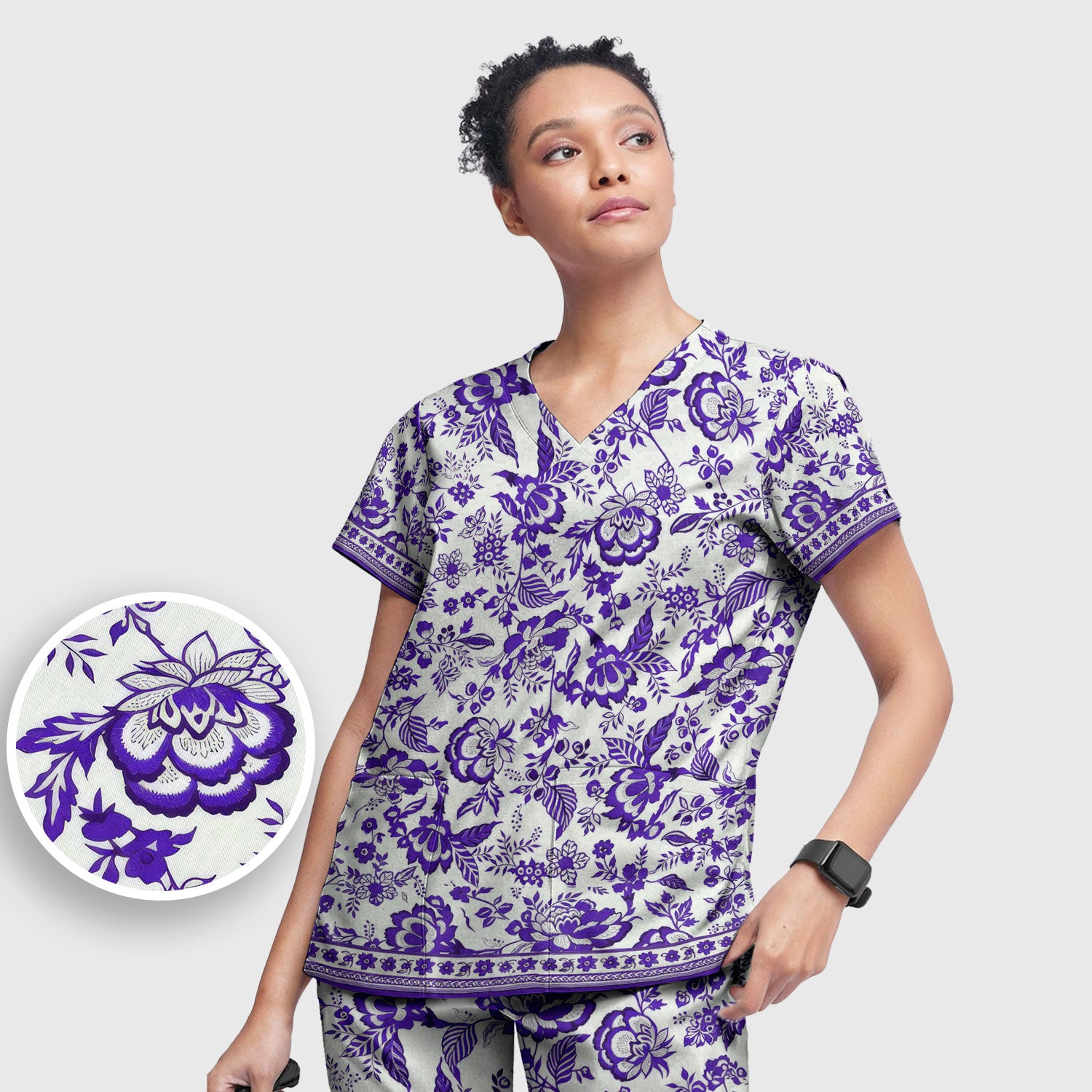 Toile De Jouy Scrub Set For Women, Floral Pattern Nurse Shirt, Comfortable Scrubs For Nursing