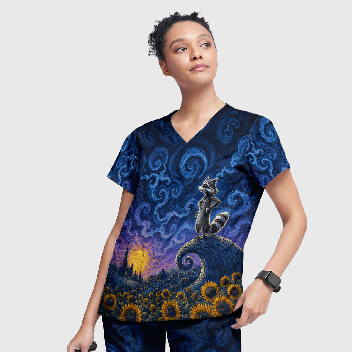 Starry Raccoon Print Scrub Set, Scrub Pants and V Neck Top