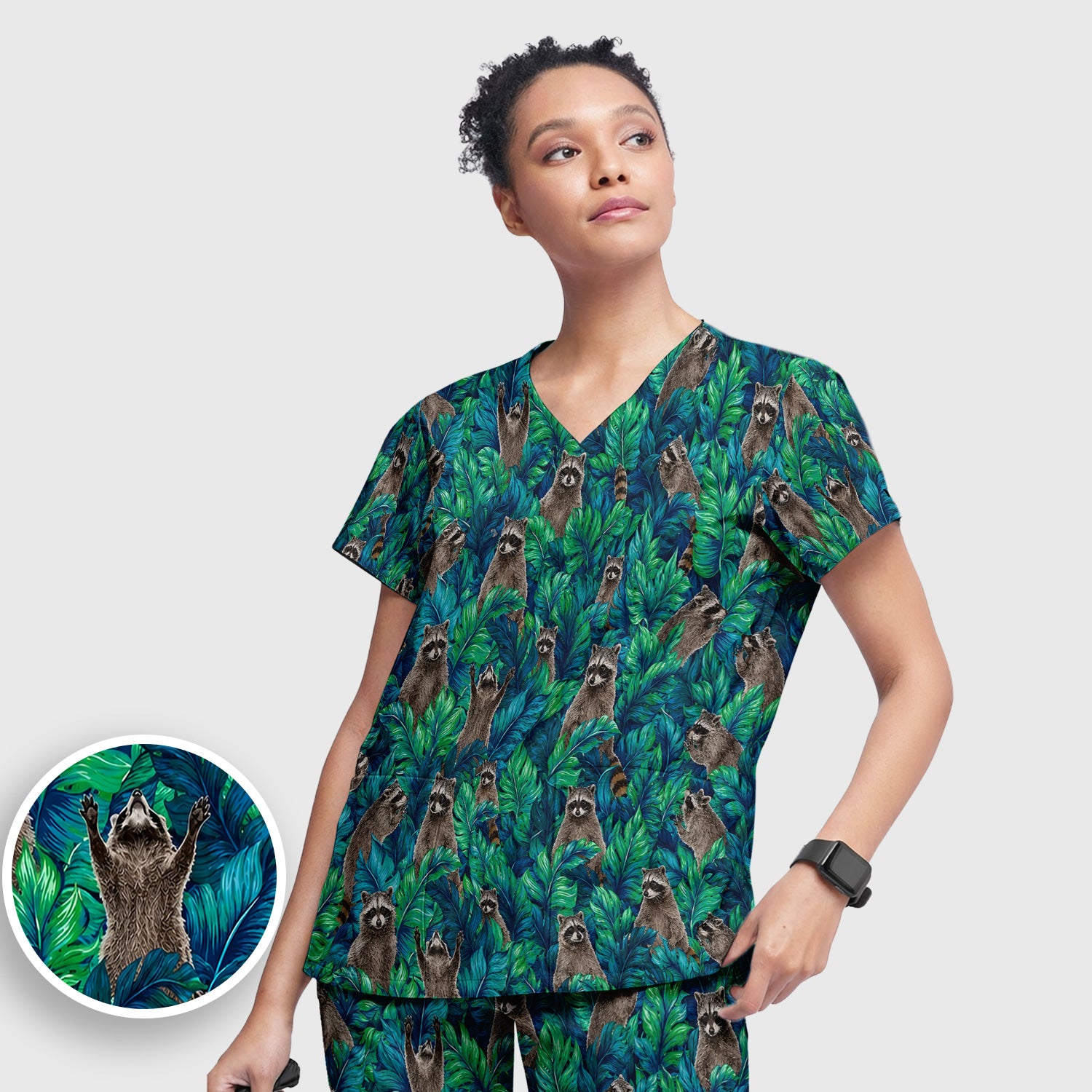 Tropical Raccoon Jungle Leaves Pattern Scrub Set, Scrub Pants and V Neck Top