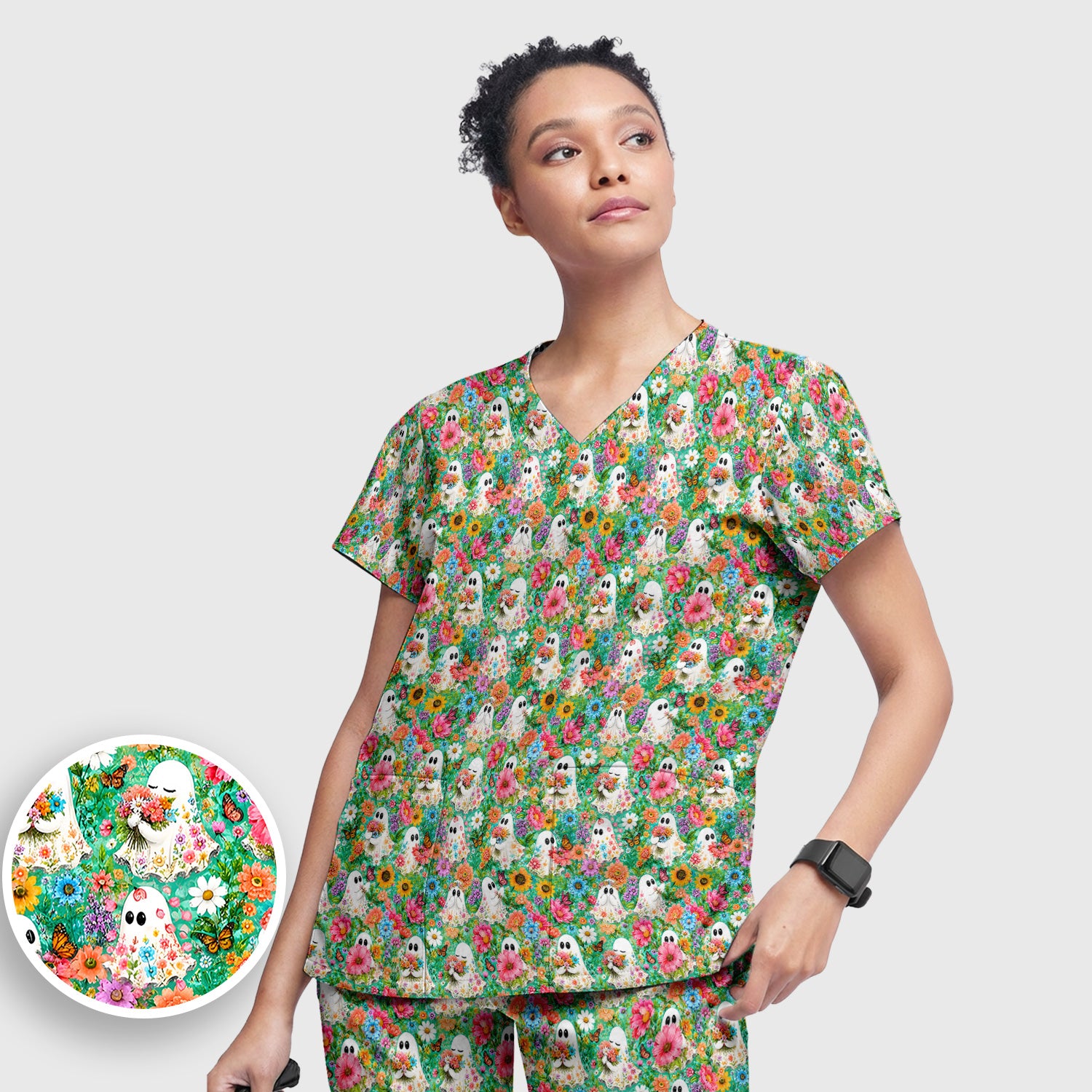 Cute Halloween Floral Ghosts Scrub Set, Scrub Pants and V Neck Top