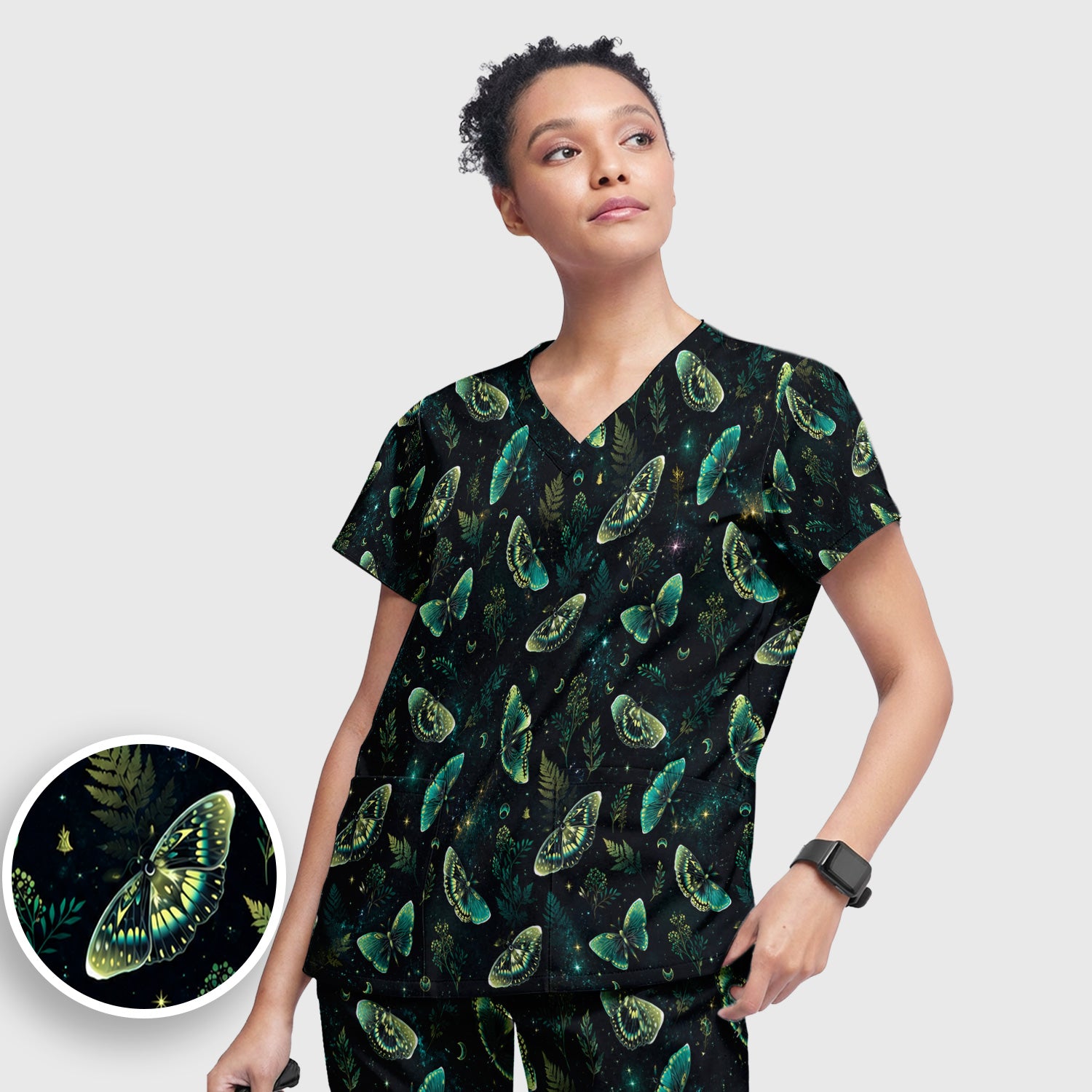 Mystical Moonlight Butterfly Garden Pattern Scrub Set, Scrub Pants and V Neck Top