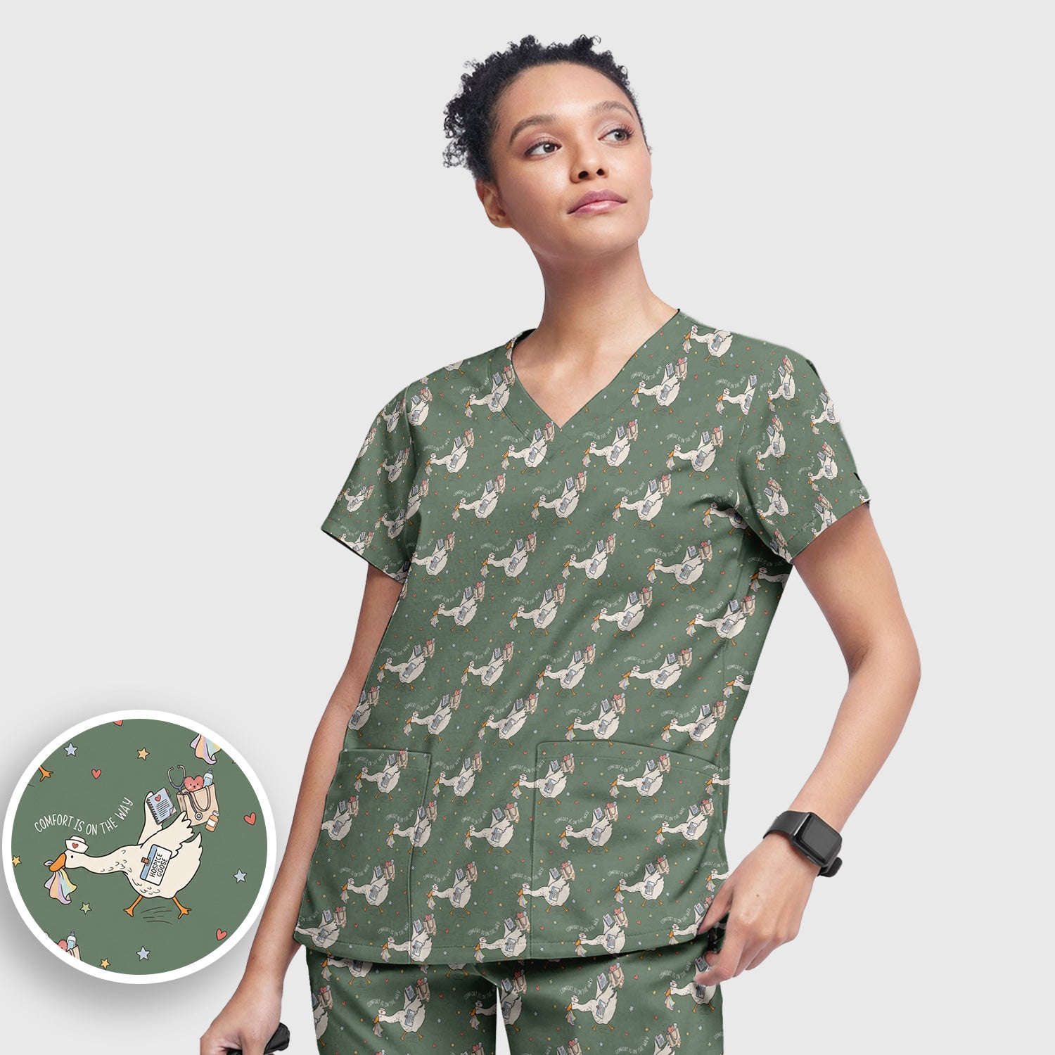 Cute Comfort Is On The Way Goose Scrub Set, Scrub Pants and V Neck Top