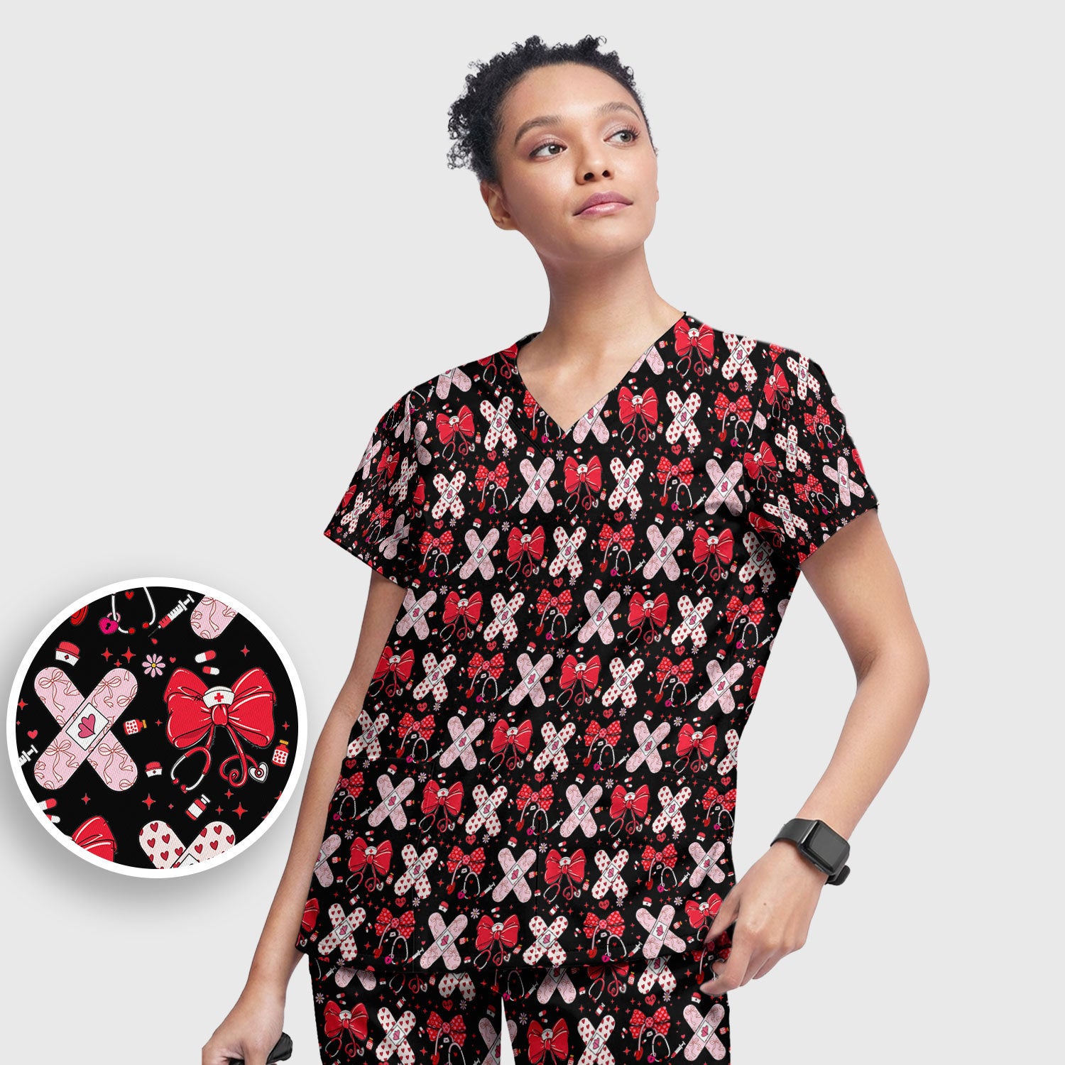 Valentine Nurse Scrub Set, Red Bow And Heart Bandage Pattern Medical Shirt, Breathable Fabrics Nursing Uniform