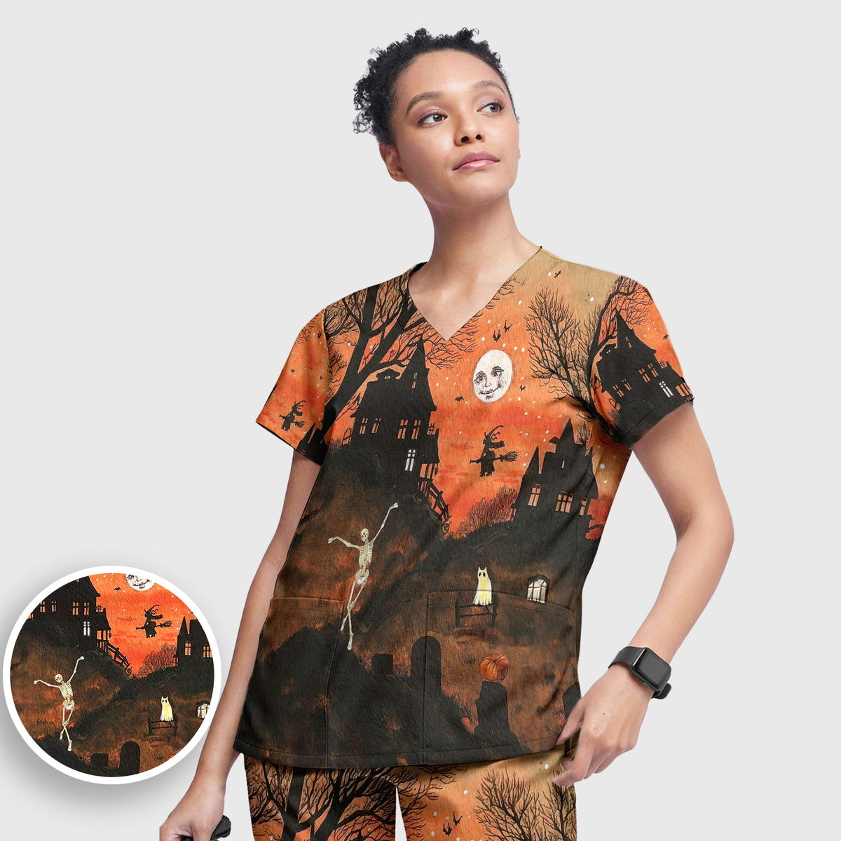 Halloween Haunted House Pattern Scrub Set, Scrub Pants and V Neck Top