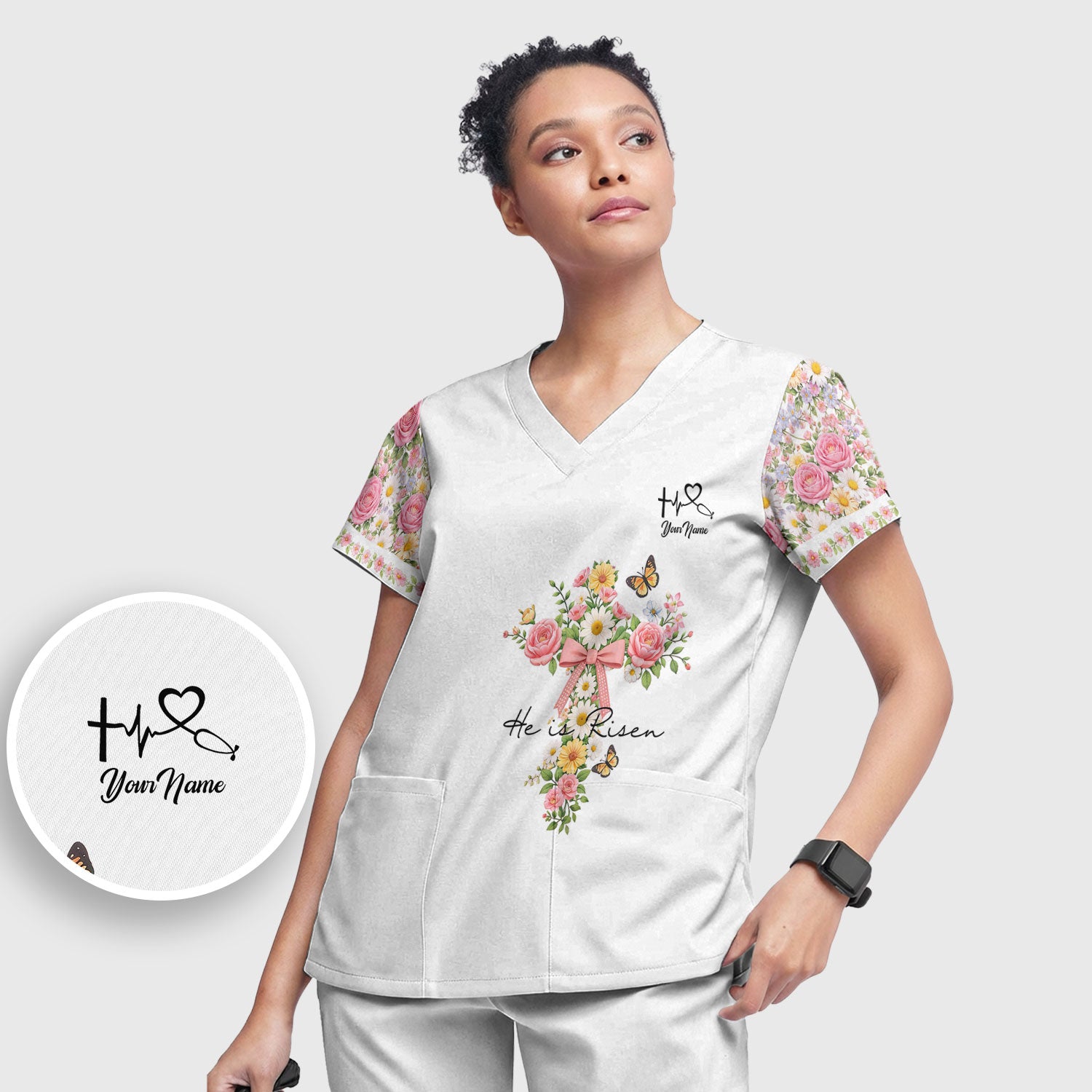 Personalized Meaningful Easter Nurse He Is Risen Floral Cross Bow Pattern Scrub Set, Women's Scrub Sets