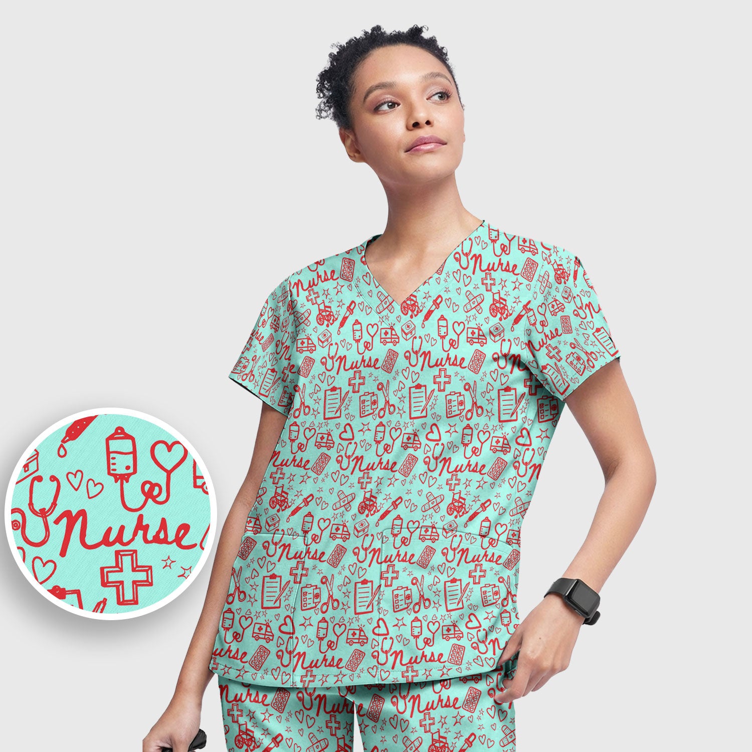 Cute Nurse Heart Medical Pattern Scrub Set, Breathable Med Uniform