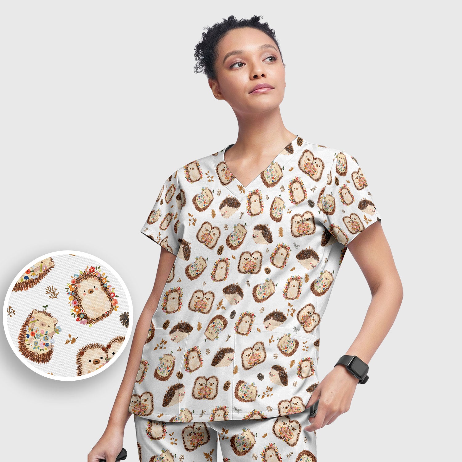 Cute Hedgehog Floral Scrub Set, Breathable Med Uniform