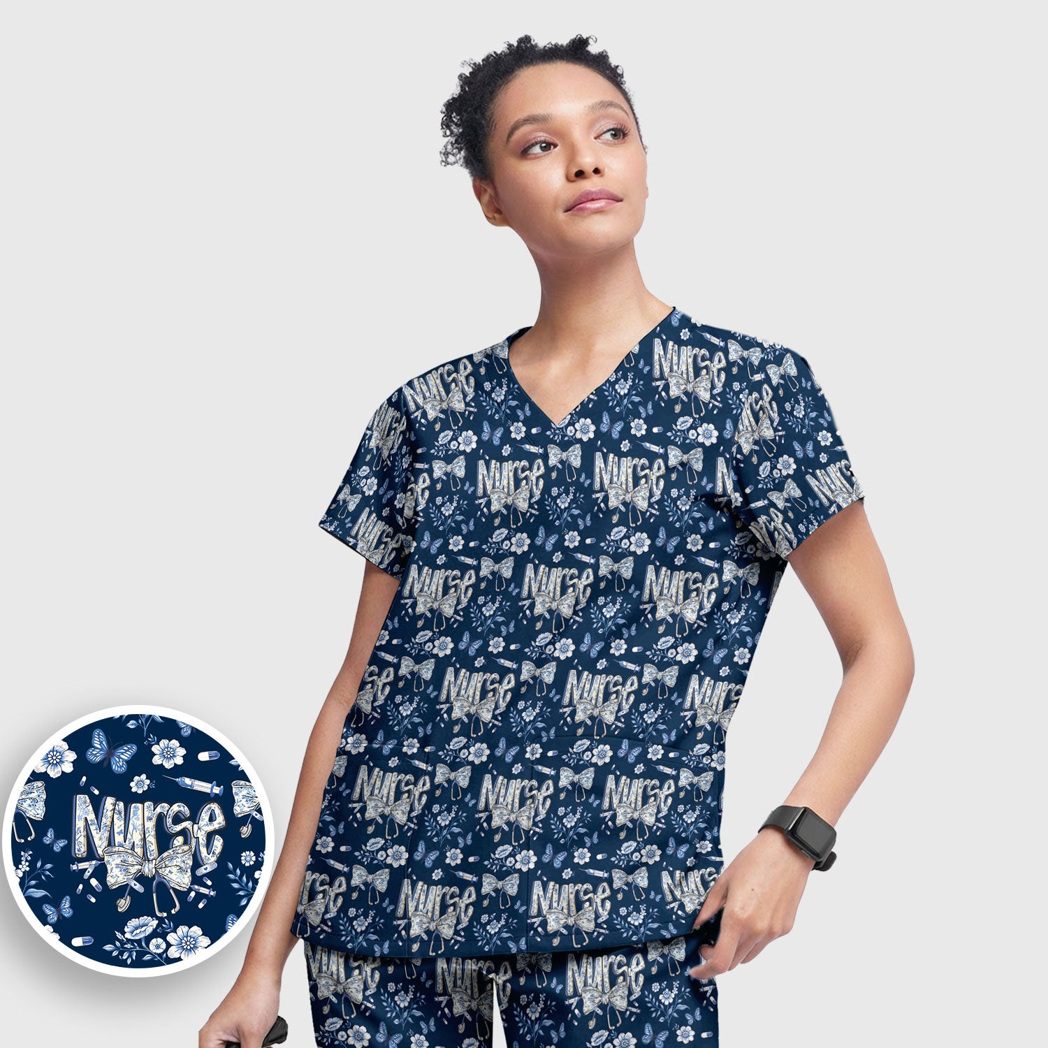 Blue Nurse Bow Butterfly Floral Pattern Scrub Set,  Breathable Med Uniform
