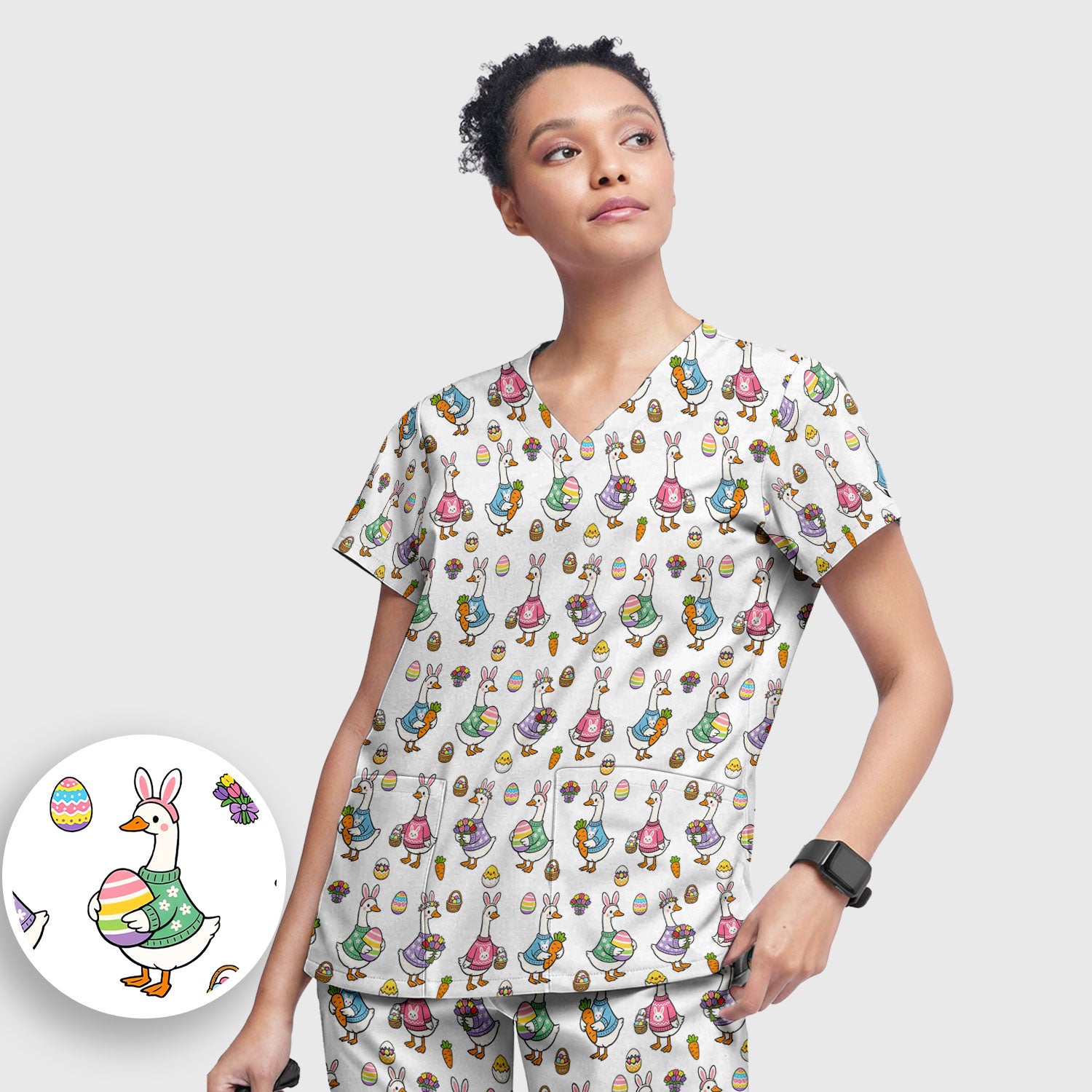 Cute Easter Goose Print Scrub Set, Breathable Med Uniform