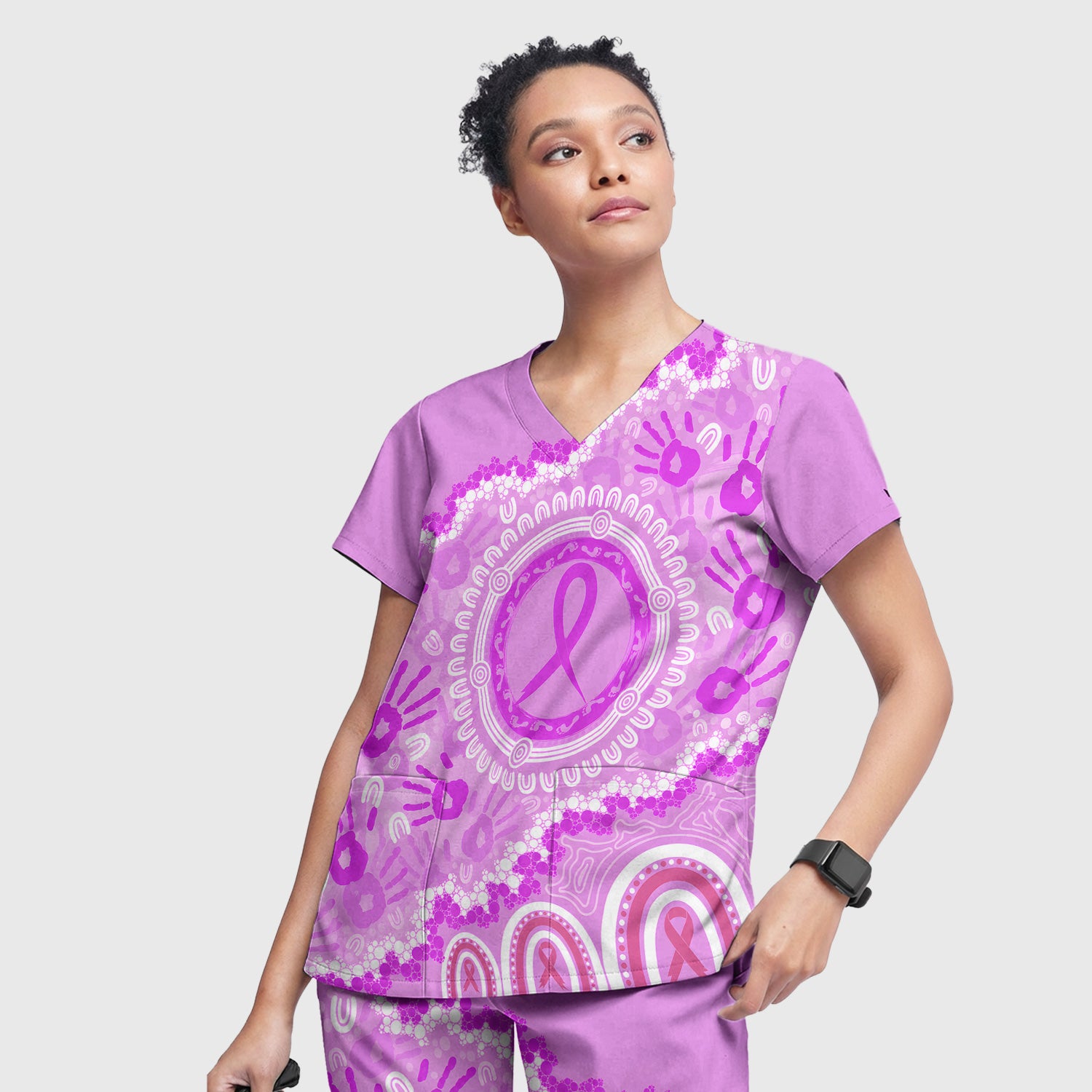 Meaningful Pink Ribbon Scrub Set, Scrub Pants and V Neck Top