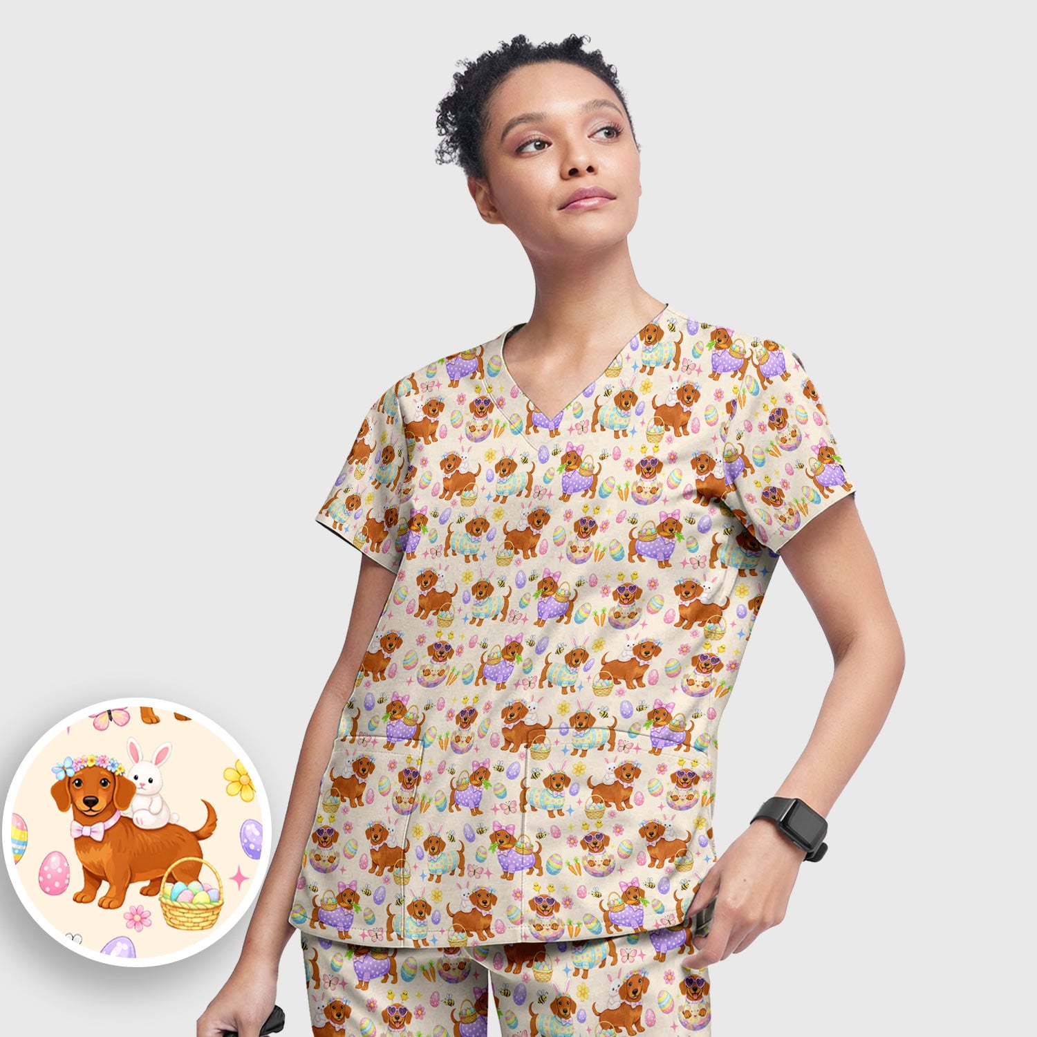 Cute Easter Dachshund Dog Pattern Scrub Set, Scrub Pants and V Neck Top