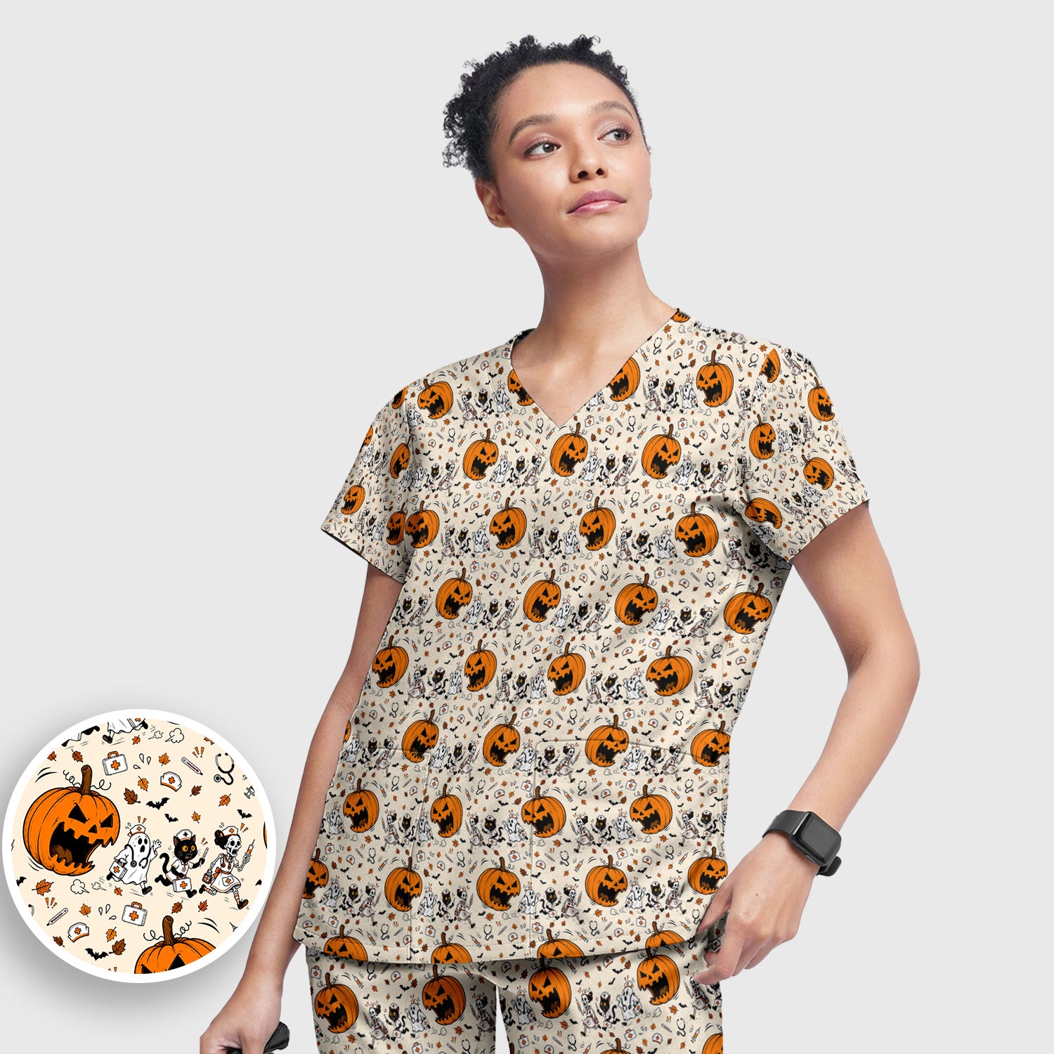 Funny Halloween Pumpkin Chasing Nurses Scrub Set, Scrub Pants and V Neck Top