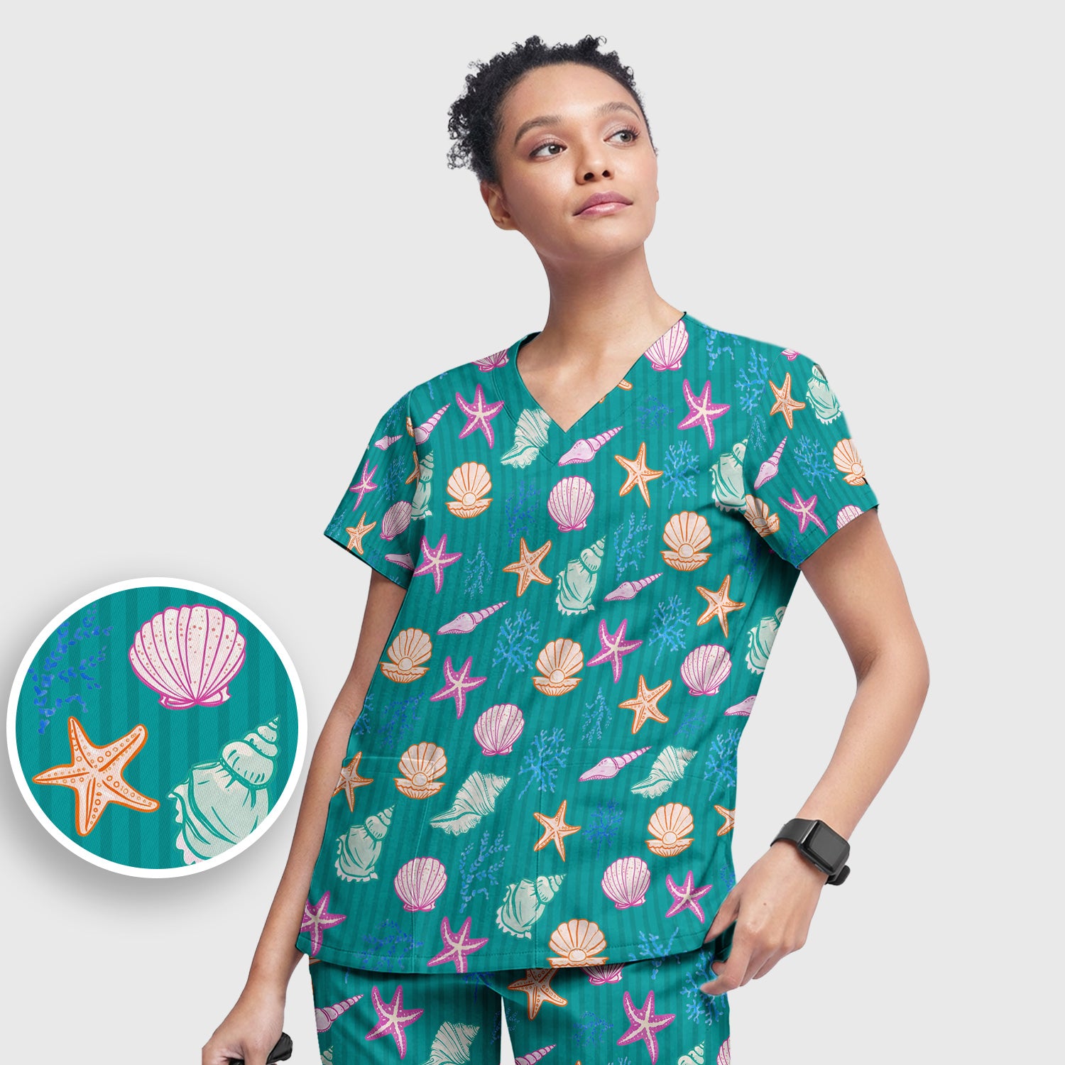 Colorful Seashell Starfish Ocean Stripe Pattern Scrub Set, Women's Scrub Sets