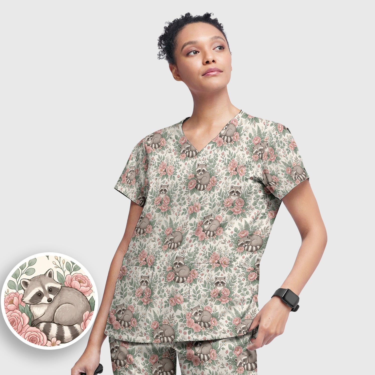 Sleeping Raccoon Rose Garden Pattern Scrub Set, Scrub Pants and V Neck Top
