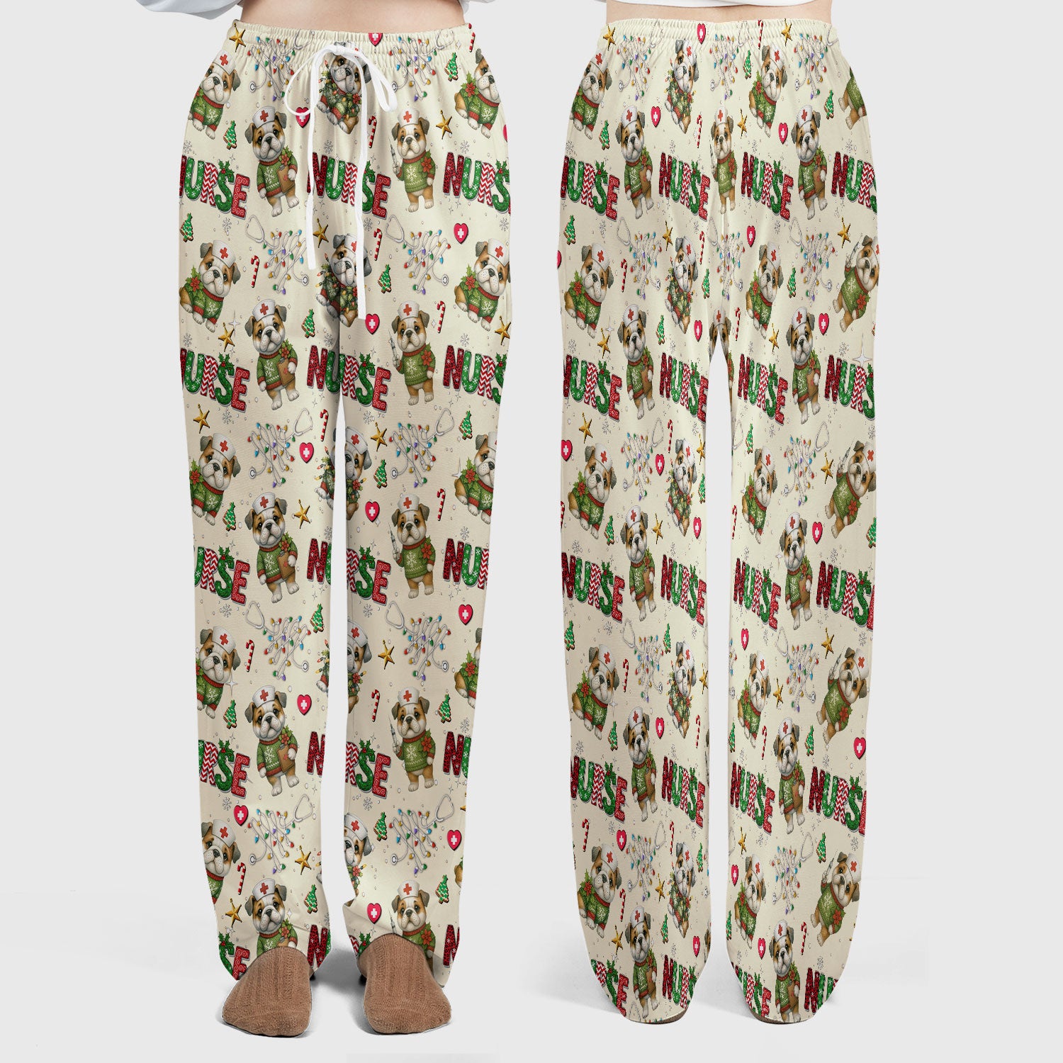 Bulldog Christmas Nurse Scrub Set - Funny Dog Scrubs Pants and V Neck Top - Cute Holiday Medical Uniform