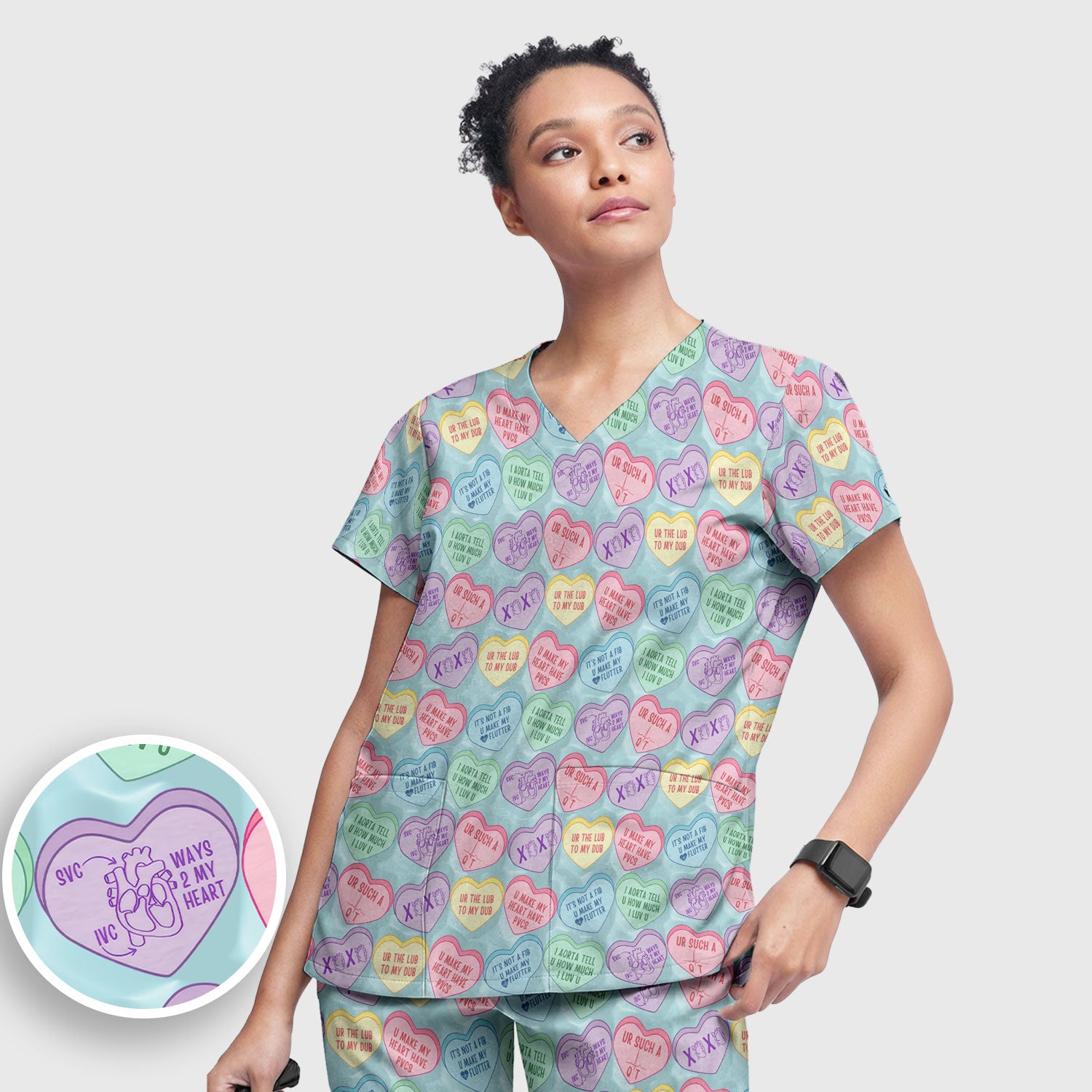 Medical Candy Heart Valentine Pattern Women’s Scrub Sets, Fun Medical Pattern, Breathable Med Uniform