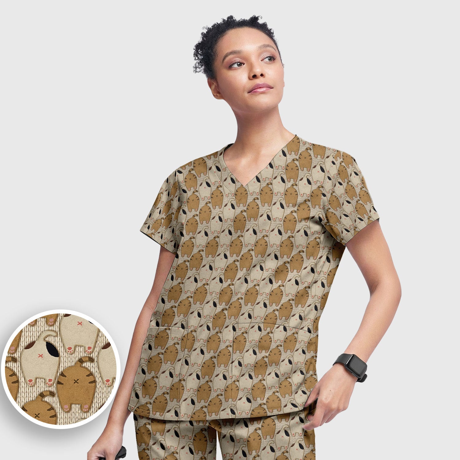 Cute Cat Nurse Scrub Set, Cozy Minimal Animal Pattern Medical Shirt, Breathable Fabrics Nursing Uniform