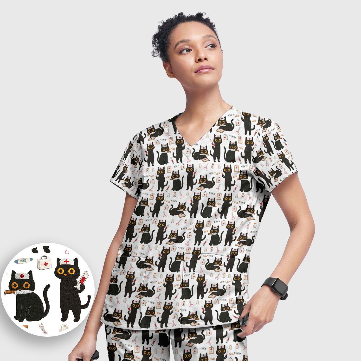 Cute Black Cat Nurse Pattern Women's Scrub Set, Breathable Med Uniform