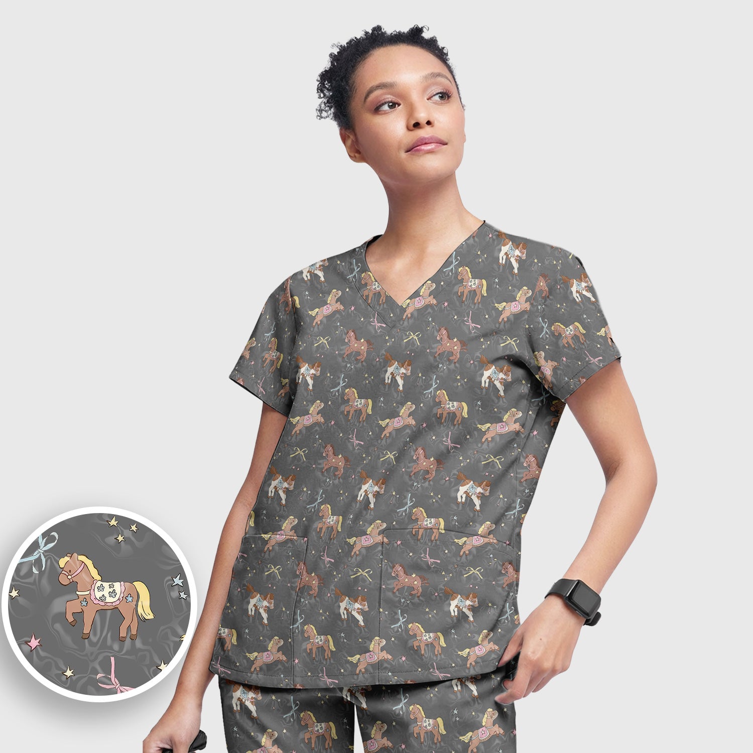 Cute Pony Star Pattern Scrub Set, Breathable Med Uniform