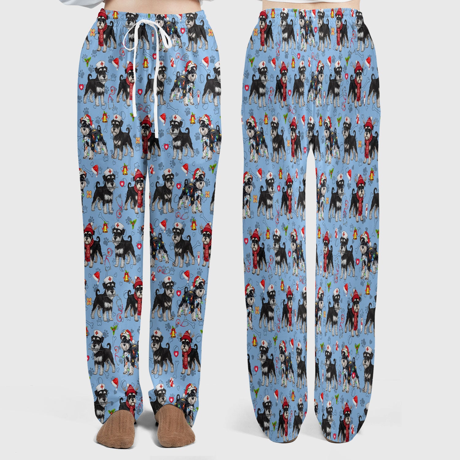 Christmas Schnauzer Scrub Set for Nurses - Cute Dog Holiday Scrubs Pants and V Neck Top - Funny Santa Nursing Medical Shirt for Women