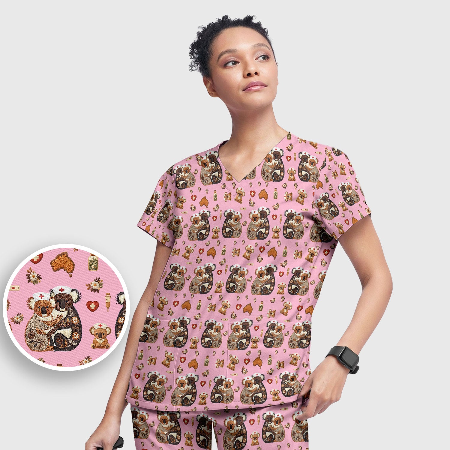 Cute Cartoon Koala Valentine Nurse Design Scrub Set, Breathable Med Uniform