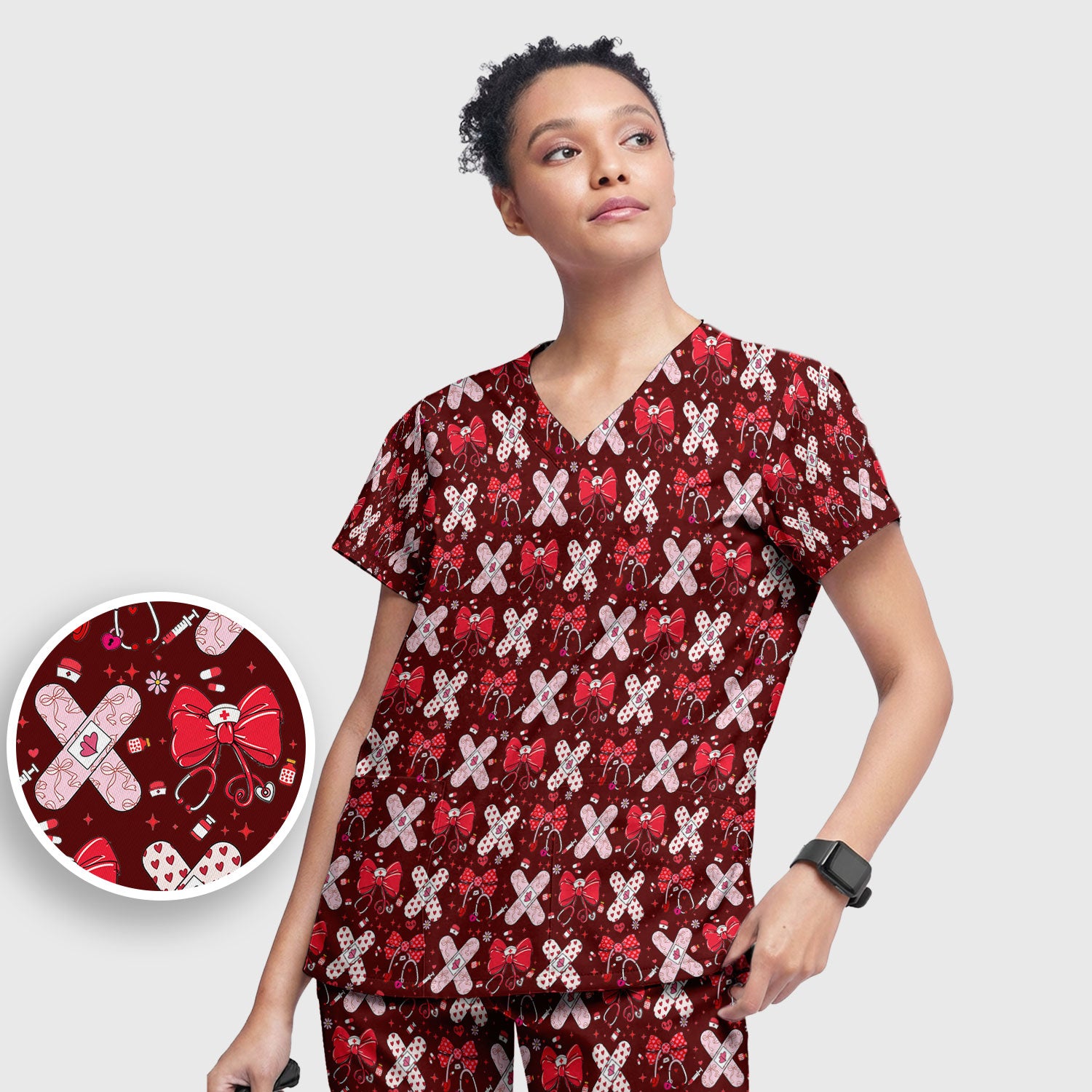 Valentine Nurse Scrub Set, Red Bow And Heart Bandage Pattern Medical Shirt, Breathable Fabrics Nursing Uniform