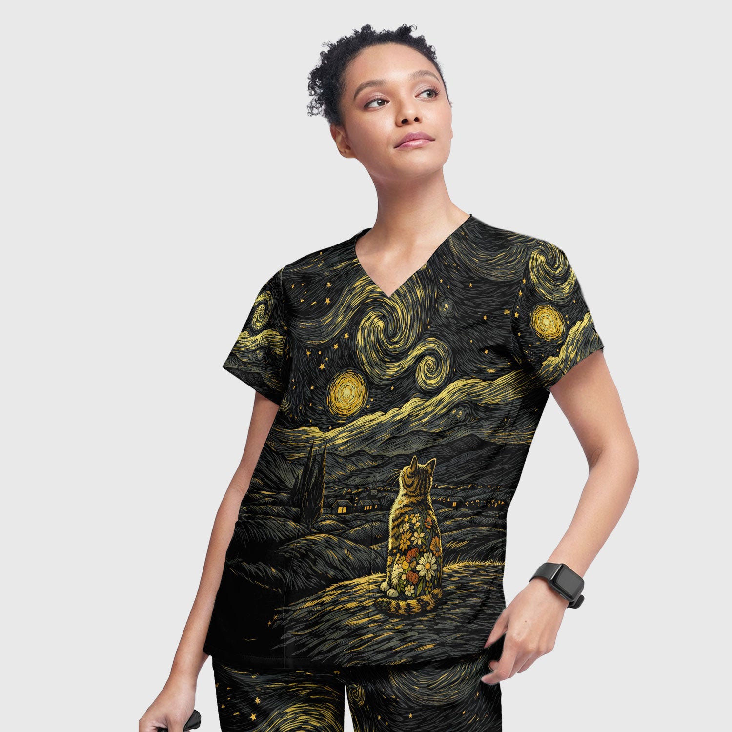 Galaxy Night Sky Cat With Flowers Print Scrub Set, Breathable Med Uniform