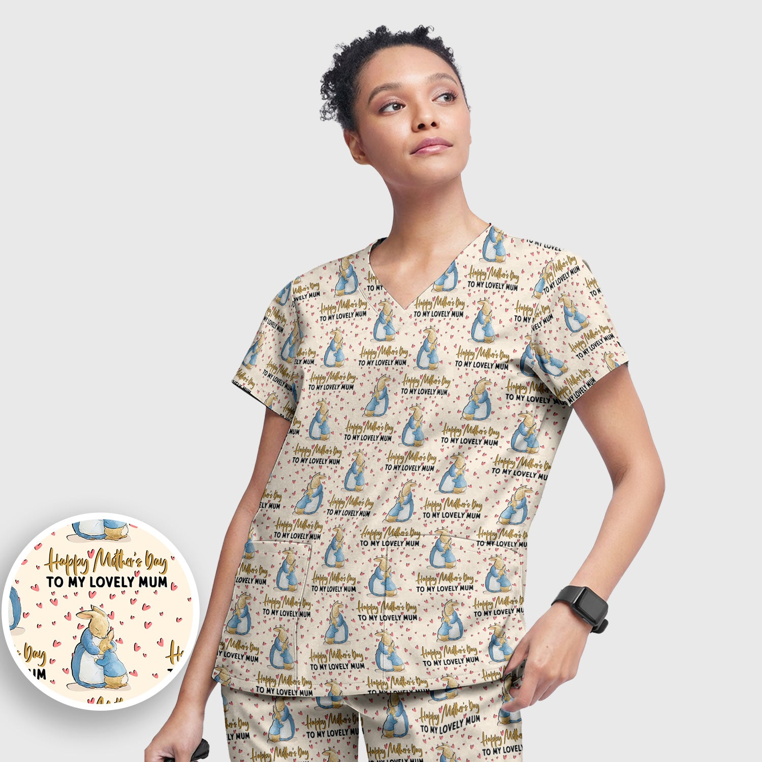 Happy Mothers Day Bunny Love Pattern Scrub Sets, Scrub Pants and V Neck Top