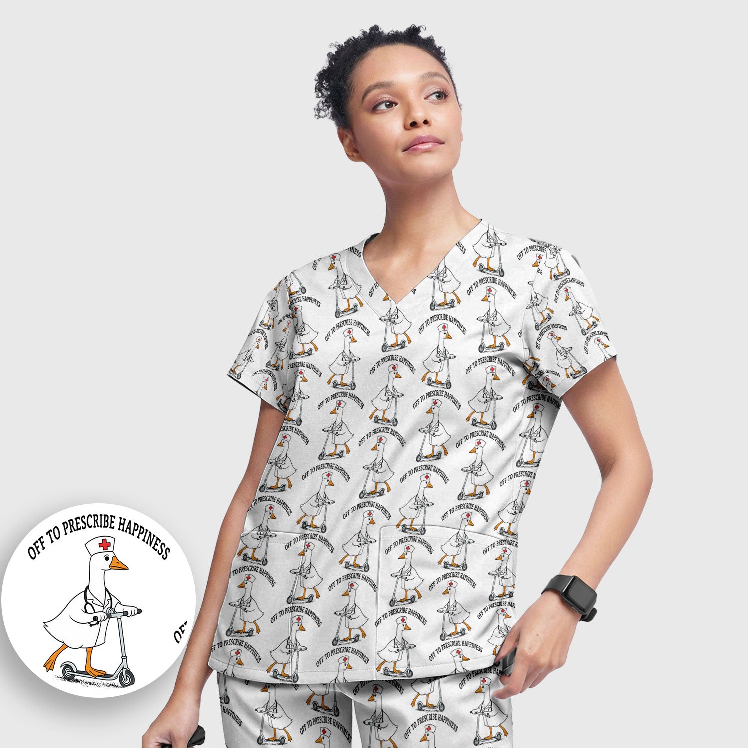 Nurse Goose Scooter Print Scrub Set, Breathable Med Uniform