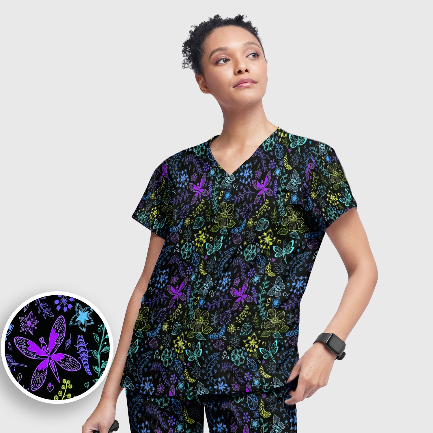Neon Butterfly and Floral Garden Pattern Scrub Top, Comfortable Scrubs for Nurses