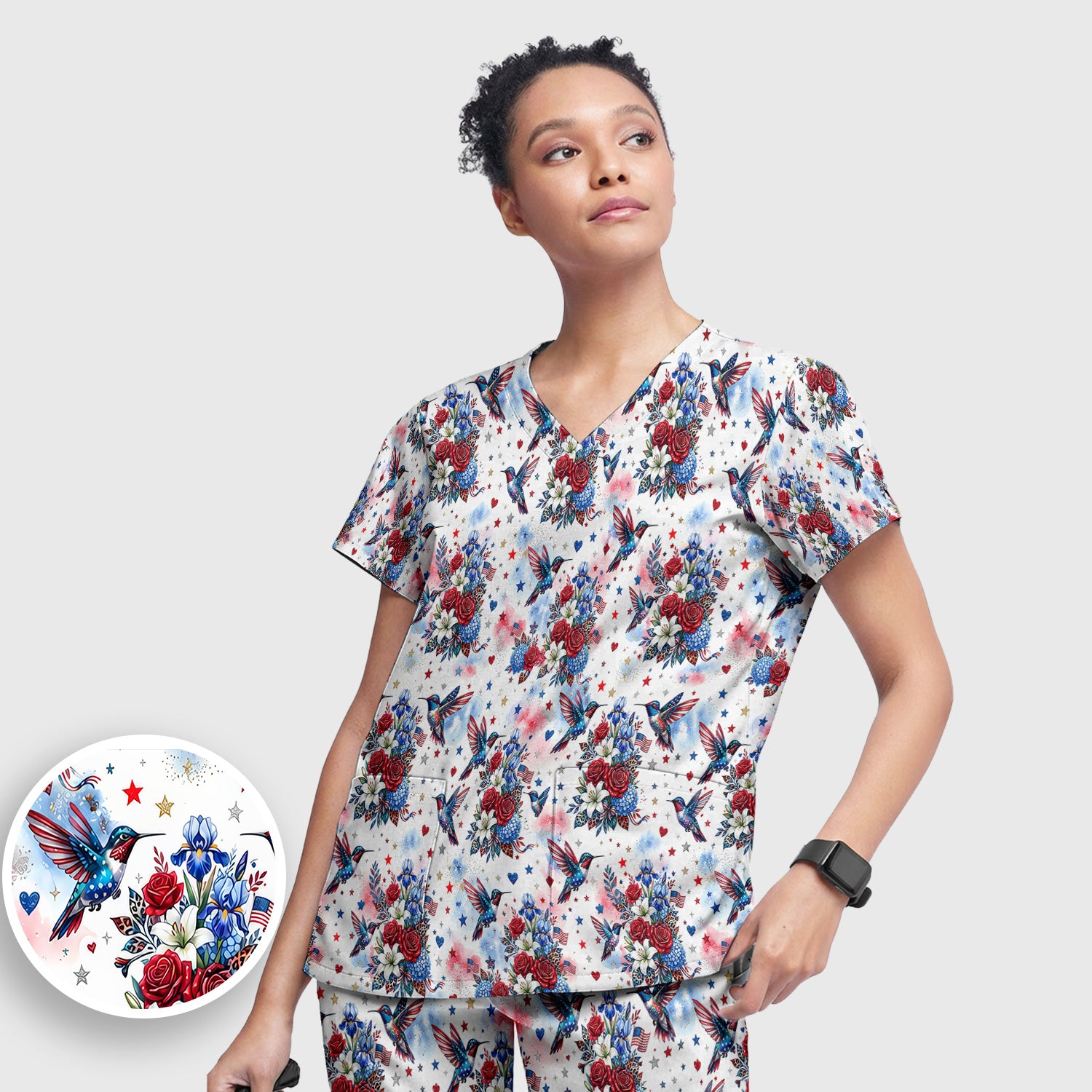 Patriotic Hummingbird Floral Bouquet Pattern Scrub Set, Scrub Pants and V Neck Top