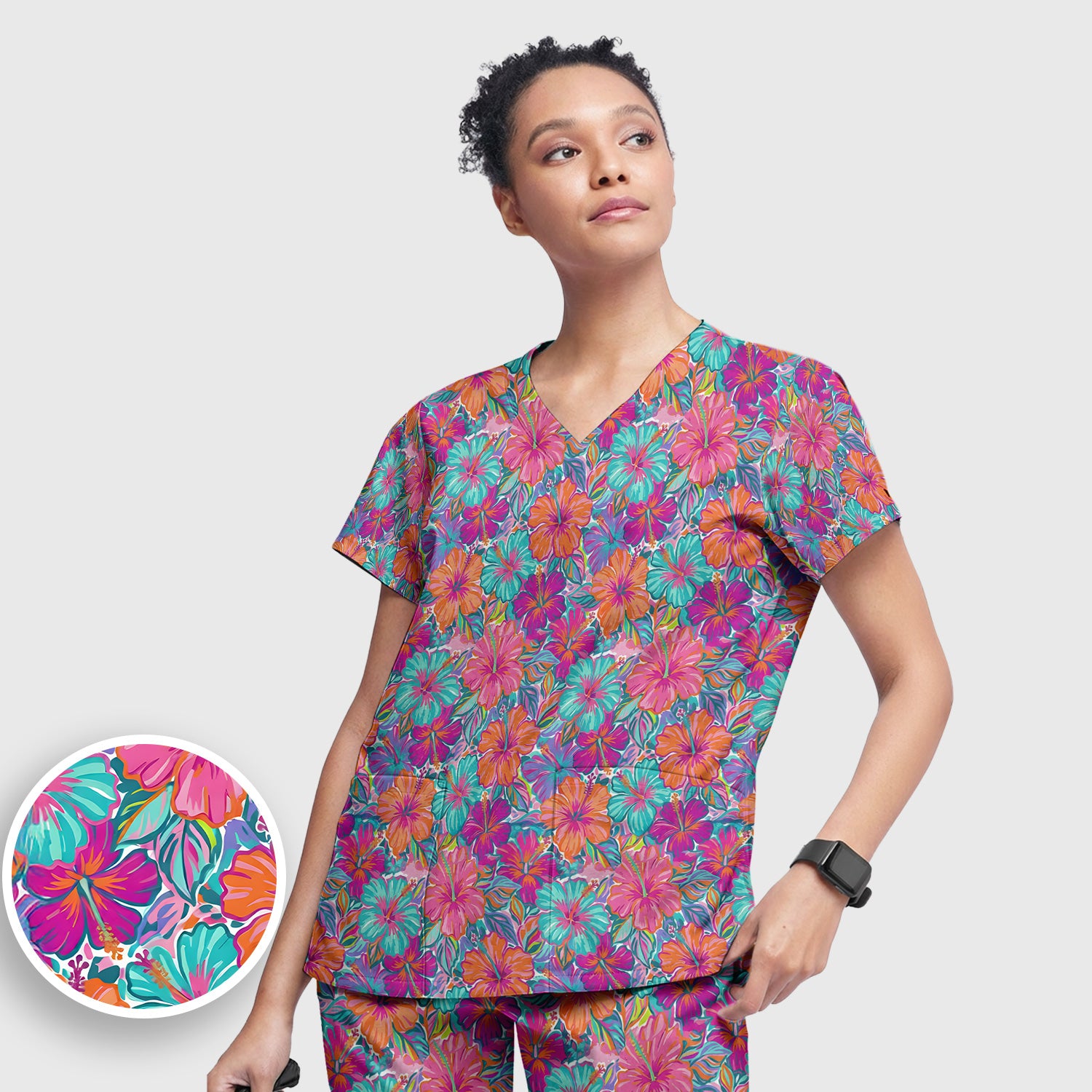 Vibrant Hibiscus Tropical Floral Pattern Scrub Set, Scrub Pants and V Neck Top
