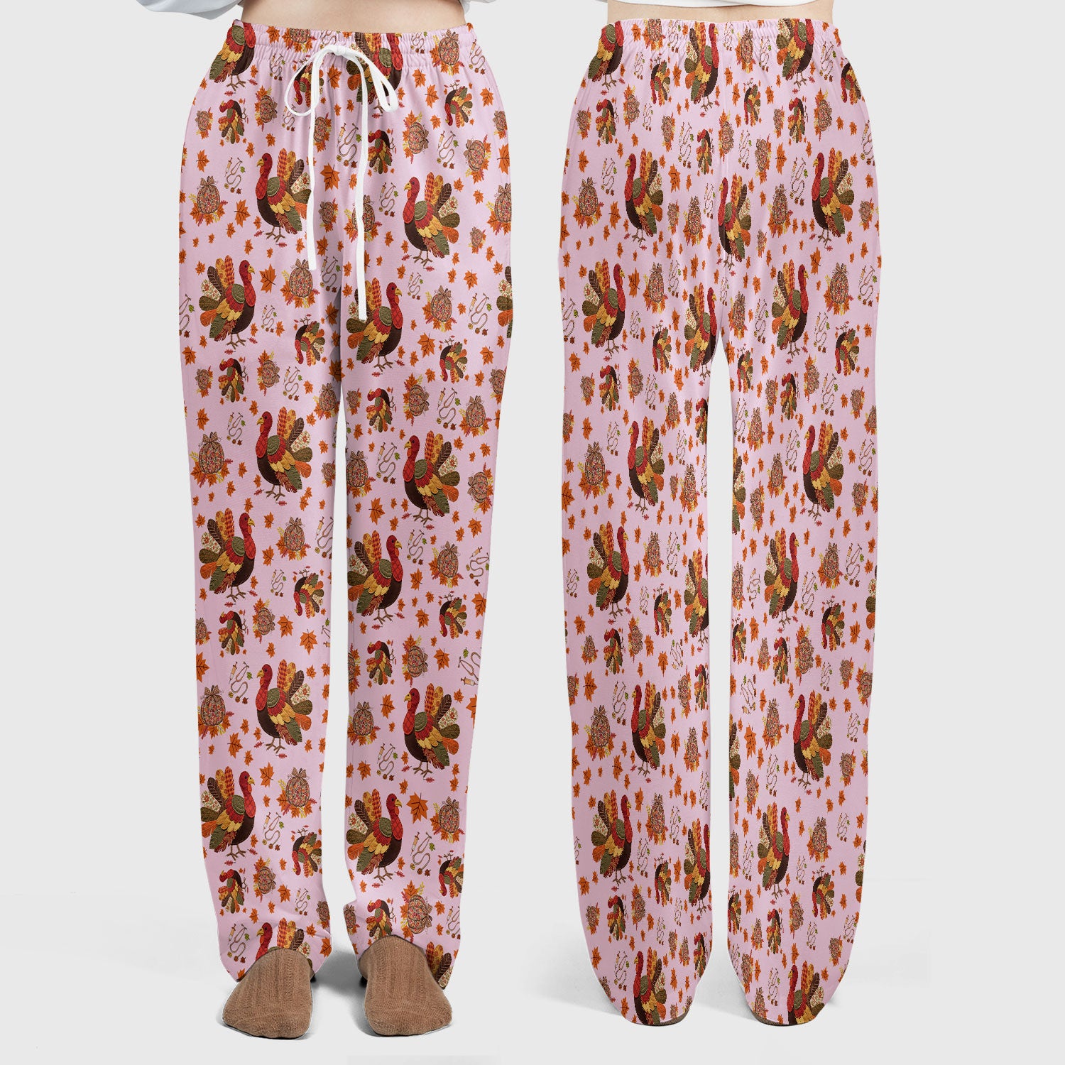 Fall Leaves Thanksgiving Women's Scrub Set - Comfortable Scrub Pants and V Neck Top - Funny Turkey Nursing Uniform
