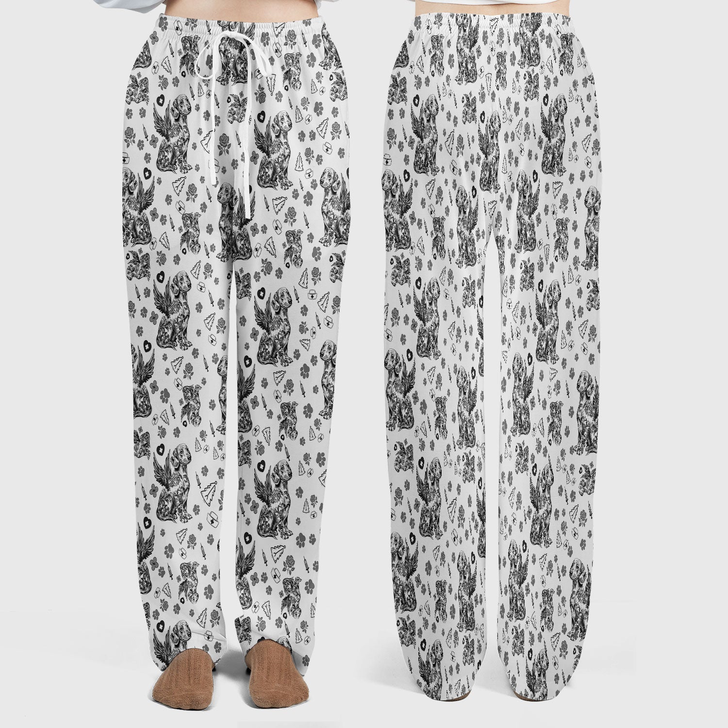 Toile de Jouy Dachshund Angel Scrub Set - Blue Vintage Wiener Dog Scrubs Pants and V Neck Top - Memorial Puppy Gift