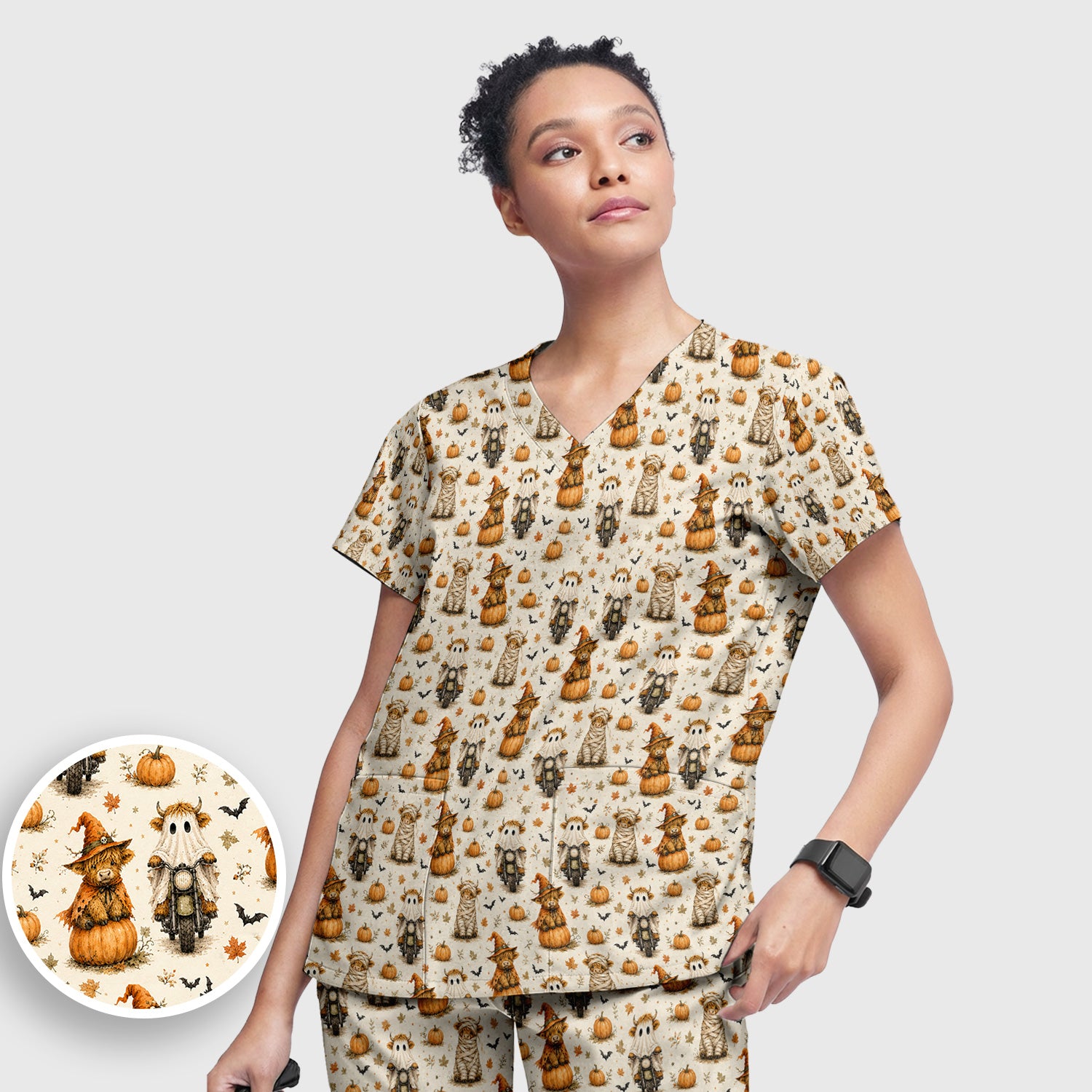 Halloween Highland Cow Costumes Scrub Set, Scrub Pants and V Neck Top