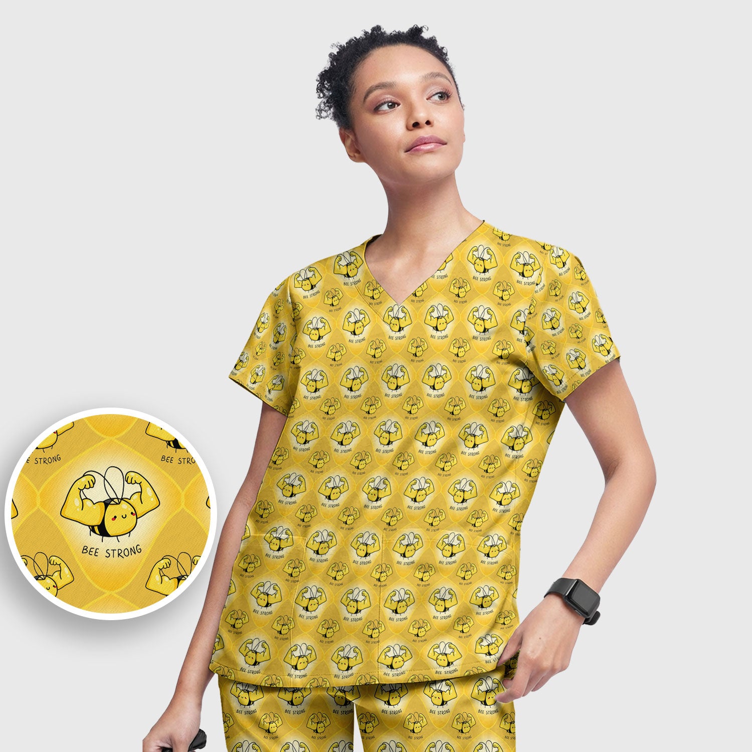 Bee Strong Honey Bee Pattern Scrub Set, Scrub Pants and V Neck Top